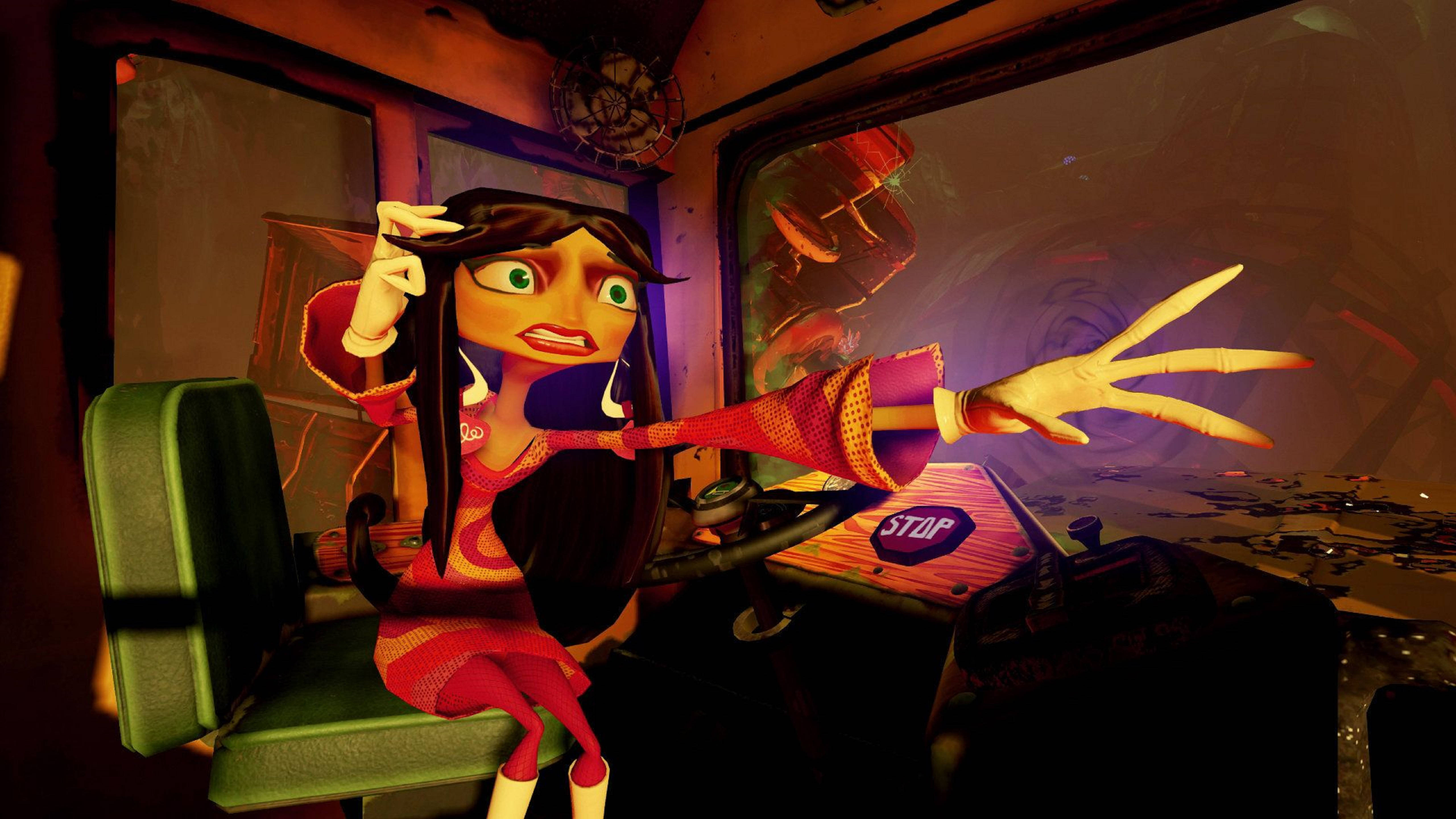《超能輪胎：菱形廢墟》PSVR 米拉 壁紙 — 一個風格化的動畫女孩穿著紅色衣服坐在火車車廂內，一隻手伸出，另一隻手觸碰她的頭髮，被溫暖的內部燈光照亮。