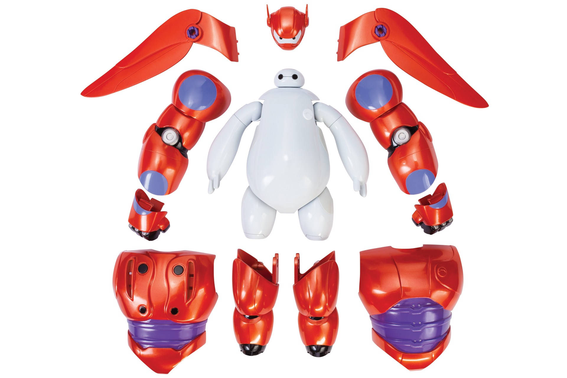《超能陸戰隊》Baymax玩具 壁紙 — 一個白色和紅色的 Baymax 機械人玩具被拆解成模塊化零件，放在乾淨的白色背景上。