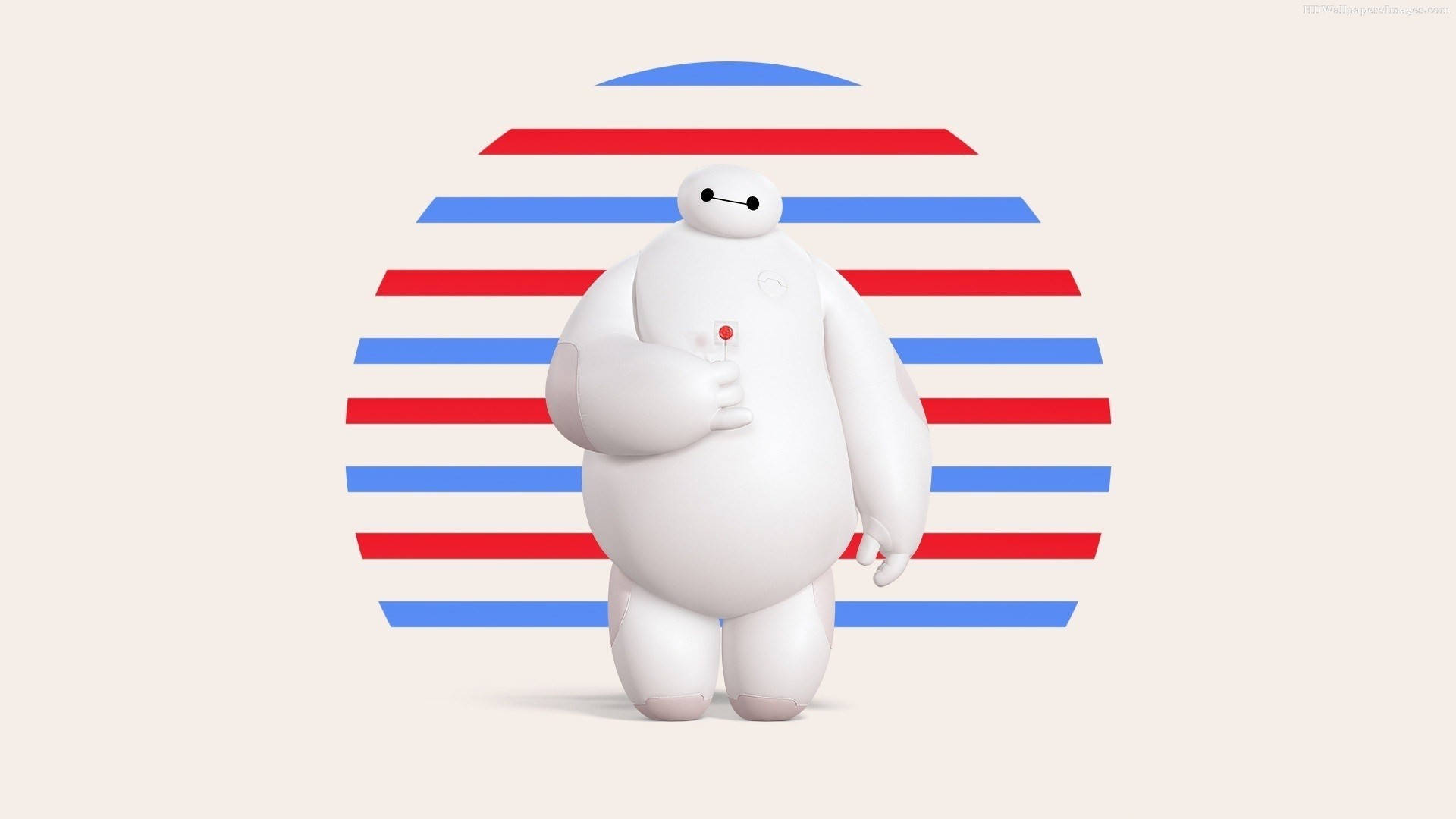 超能陸隊 Baymax 棒棒糖 壁紙 — 一個白色充氣機械人自信地站在紅色和藍色水平條紋的背景前。