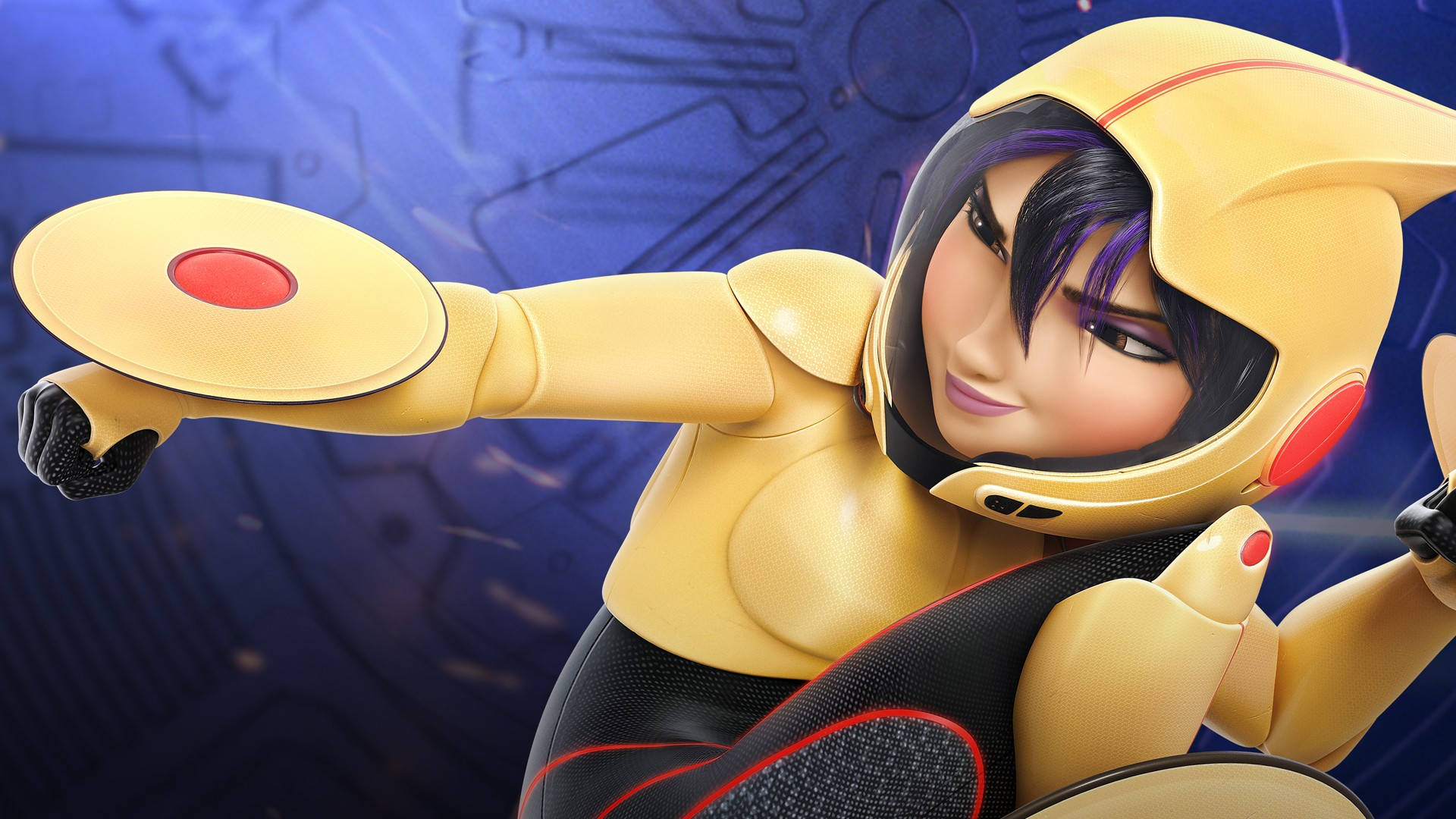 超能陸隊 Gogo Tomago 壁紙 — 一位自信的動漫女英雄，身穿黃黑相間、帶有紅色點綴的套裝，在藍色科技主題背景前擺出動感姿勢。