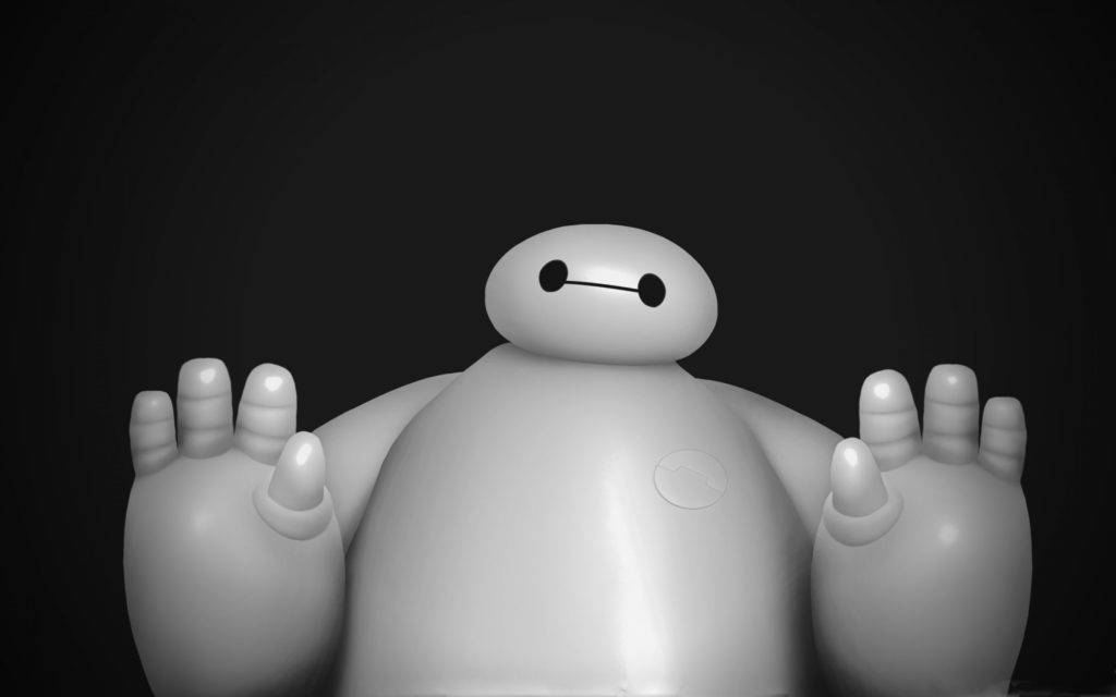 超能陸隊角色 壁紙 — 《大英雄聯盟》中 Baymax 的黑白特寫，在深色漸變背景前張開手掌站立。