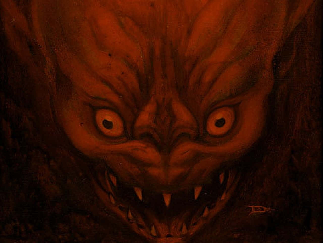 一個帶有發光眼睛和尖銳牙齒的紅色惡魔面孔特寫。 — 超自然 GIF 壁紙