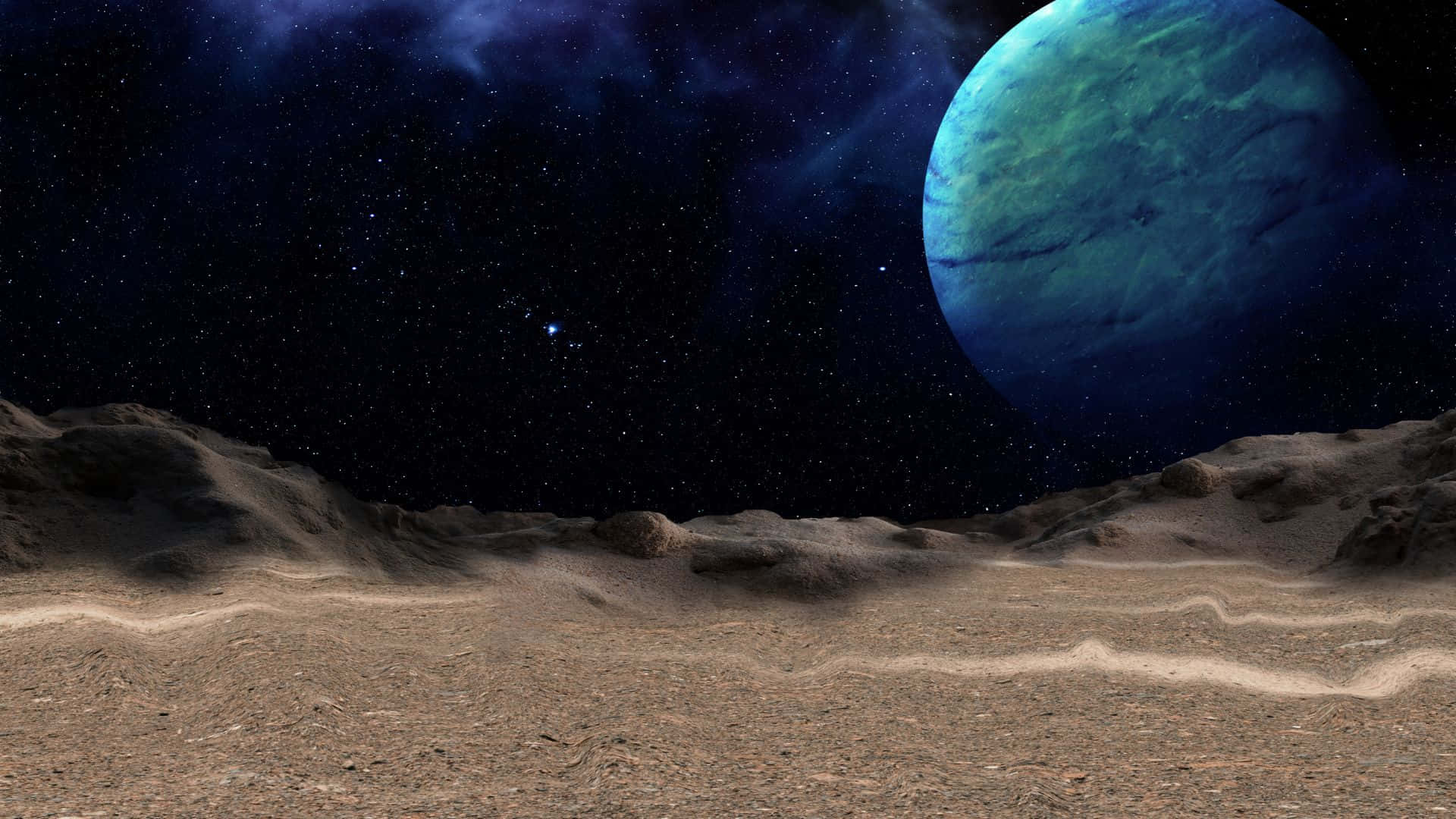 荒涼的外星地形，天空中有藍色行星，星空下