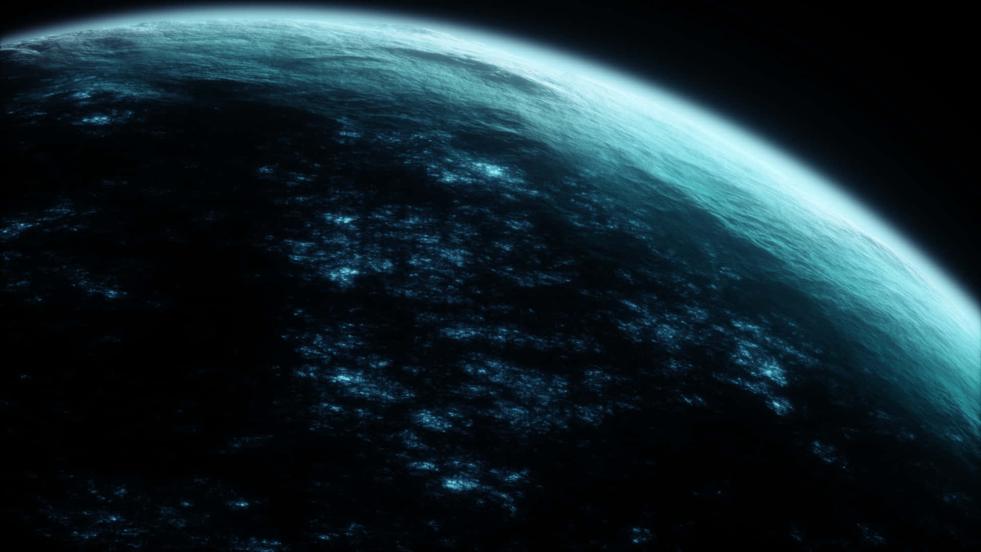 太空中表面有發光斑點的青綠色行星
