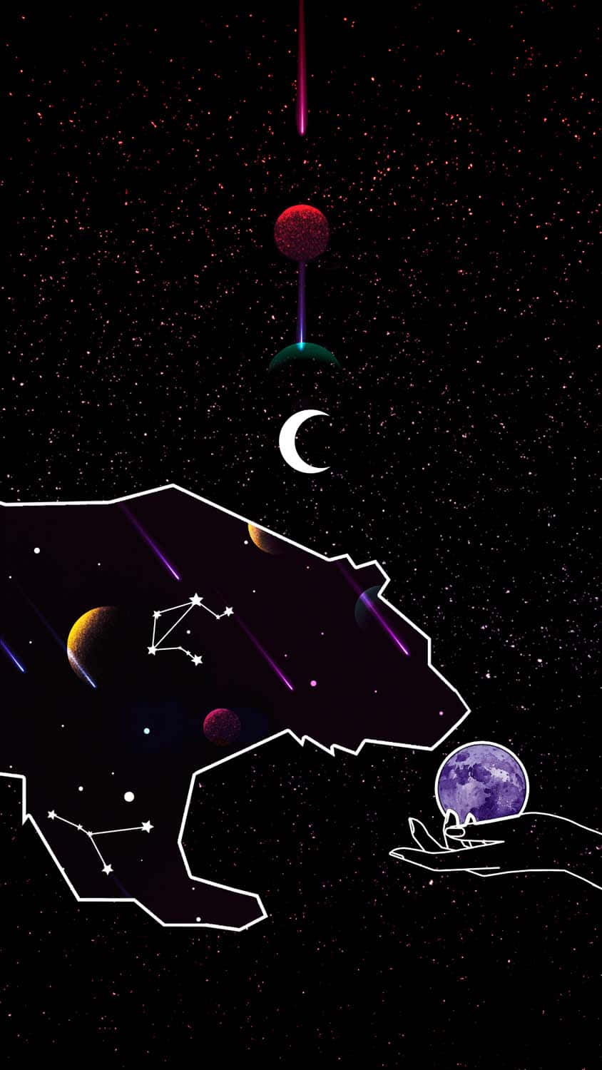 一隻手在星空下舉著紫色月亮，背景有熊剪影和漂浮的行星。