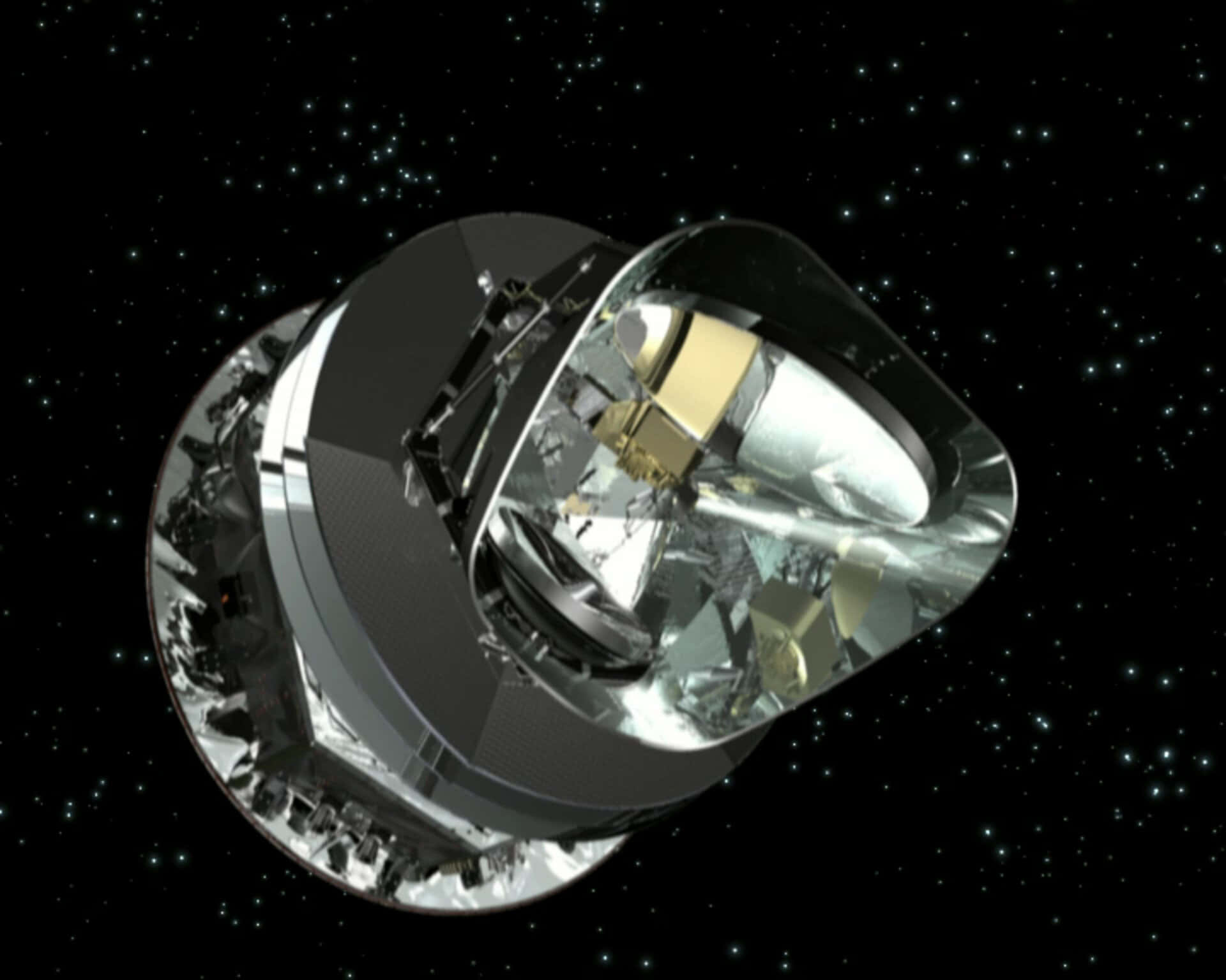 超越已知的旅程：宇宙背景 壁紙 — 一個詳細的3D渲染，展示一個未來主義的太空望遠鏡漂浮在星空中，帶有反射性金屬表面。