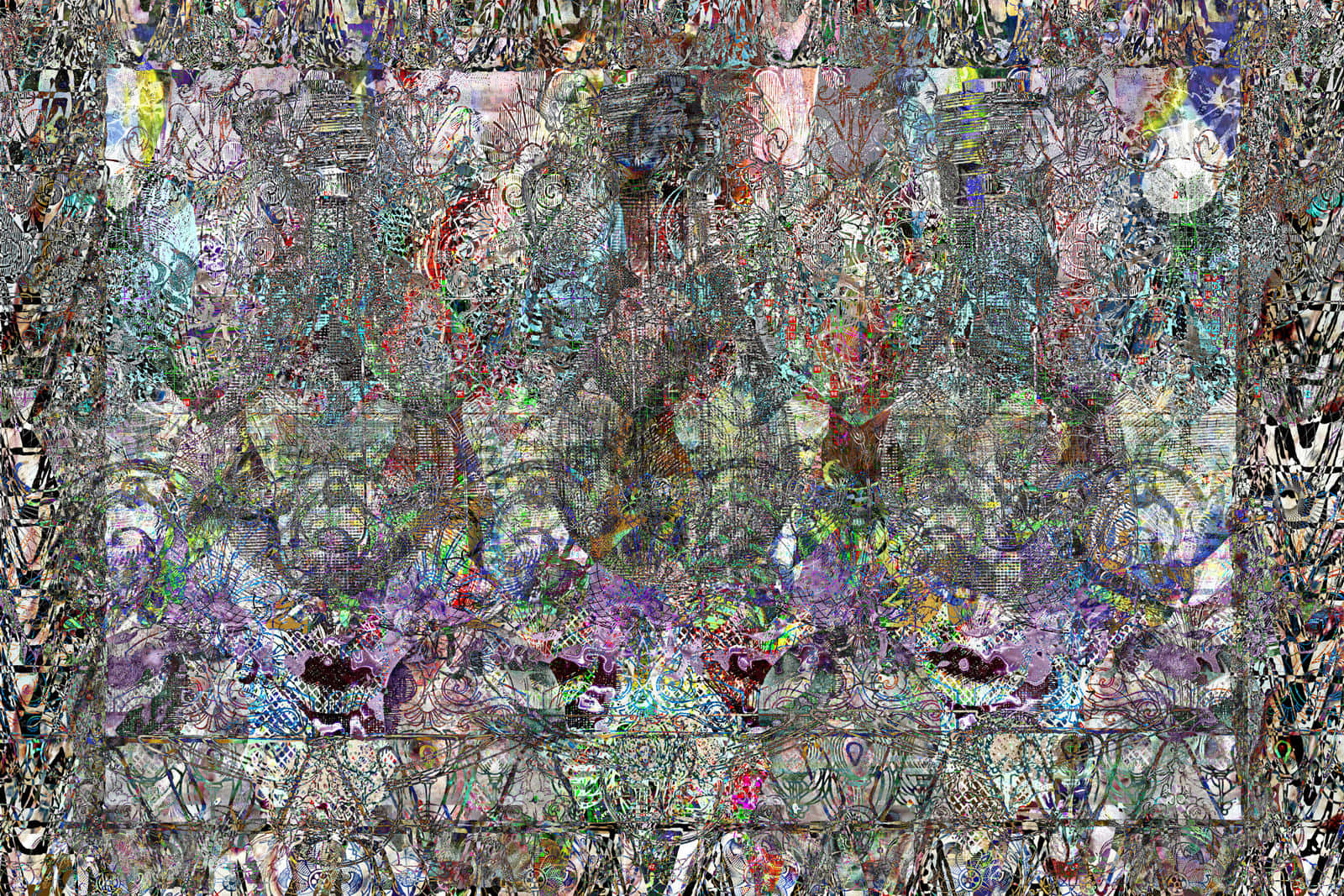 帶有破碎彩色圖案和故障效果的抽象數碼藝術作品。