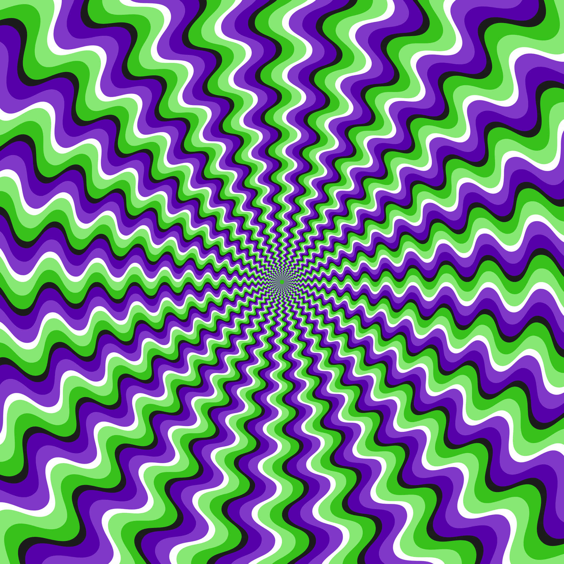 色彩繽紛的催眠螺旋圖案，綠色、紫色和白色的波浪向內匯聚。