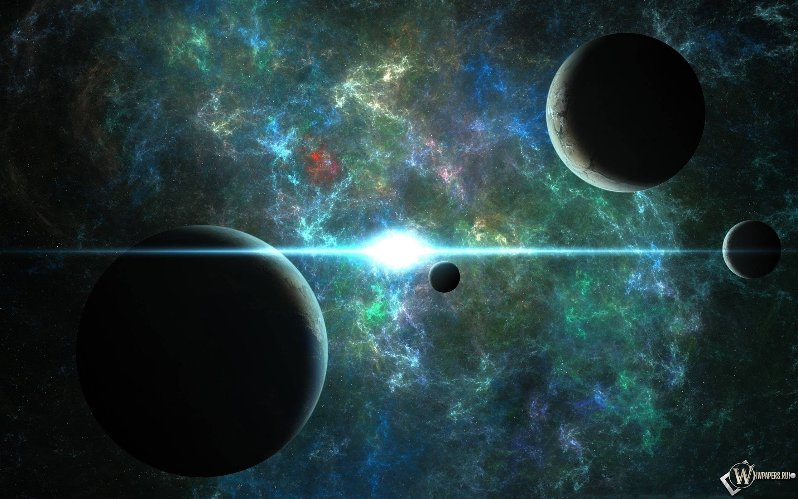超越我們觸及的無限世界 壁紙 — 一個宇宙場景，有發光的星雲和行星圍繞一顆明亮的恆星運行，背景是黑暗的太空。