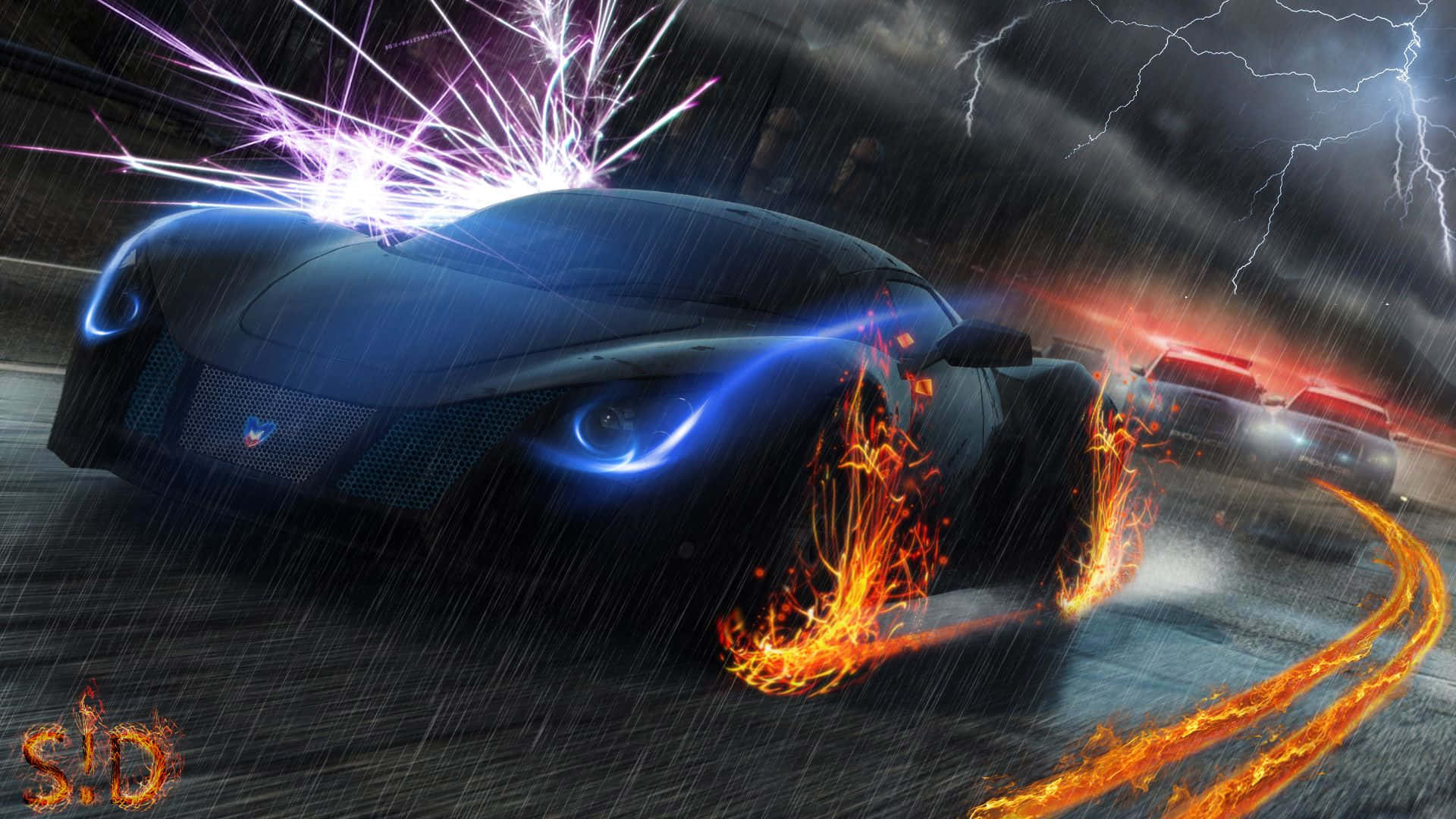 超越所有對手，體驗最佳《Need for Speed》 壁紙 — 一輛時尚的黑色跑車，帶有發光的藍色車頭燈，在暴風雨的夜晚街道上疾馳，留下熾熱的橙色輪胎痕跡，同時閃電在頭頂劃過。