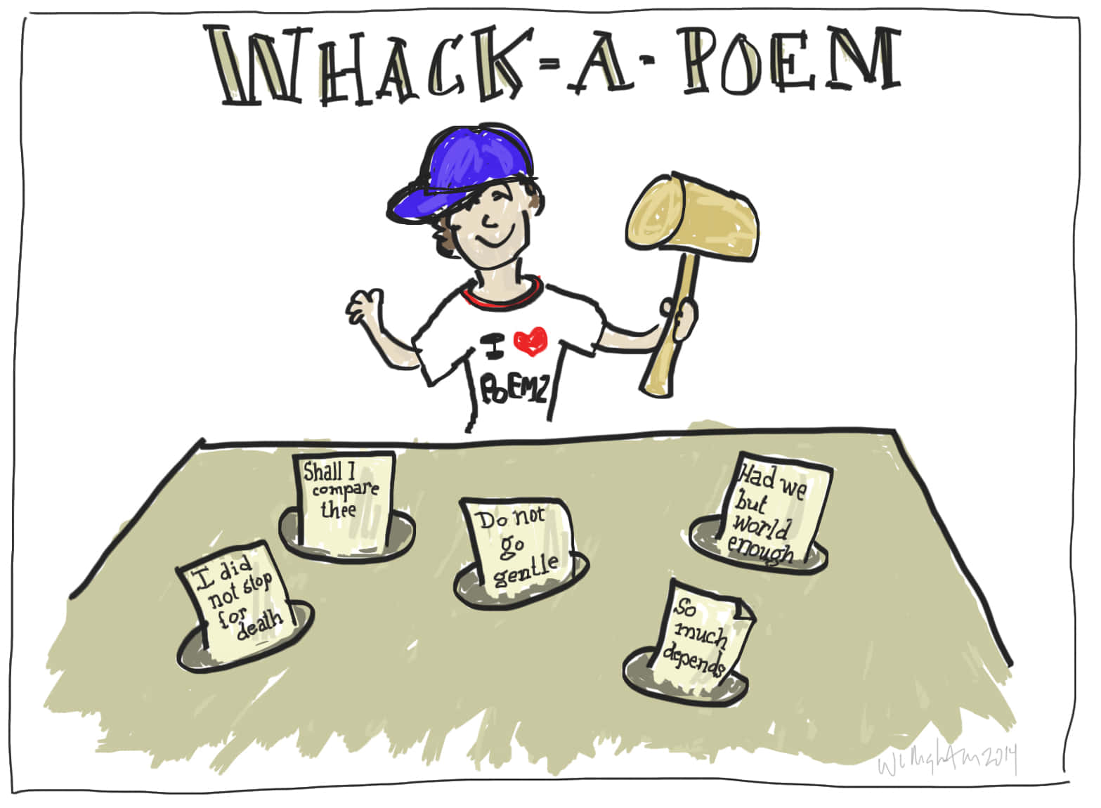 超越文字的深意 壁紙 — 一個戴藍色帽、穿「I ❤️ POEM」T恤的卡通人物，手持木槌，桌上小碗裡放著「Do not go gentle」和「I did not stop for death」等詩句。