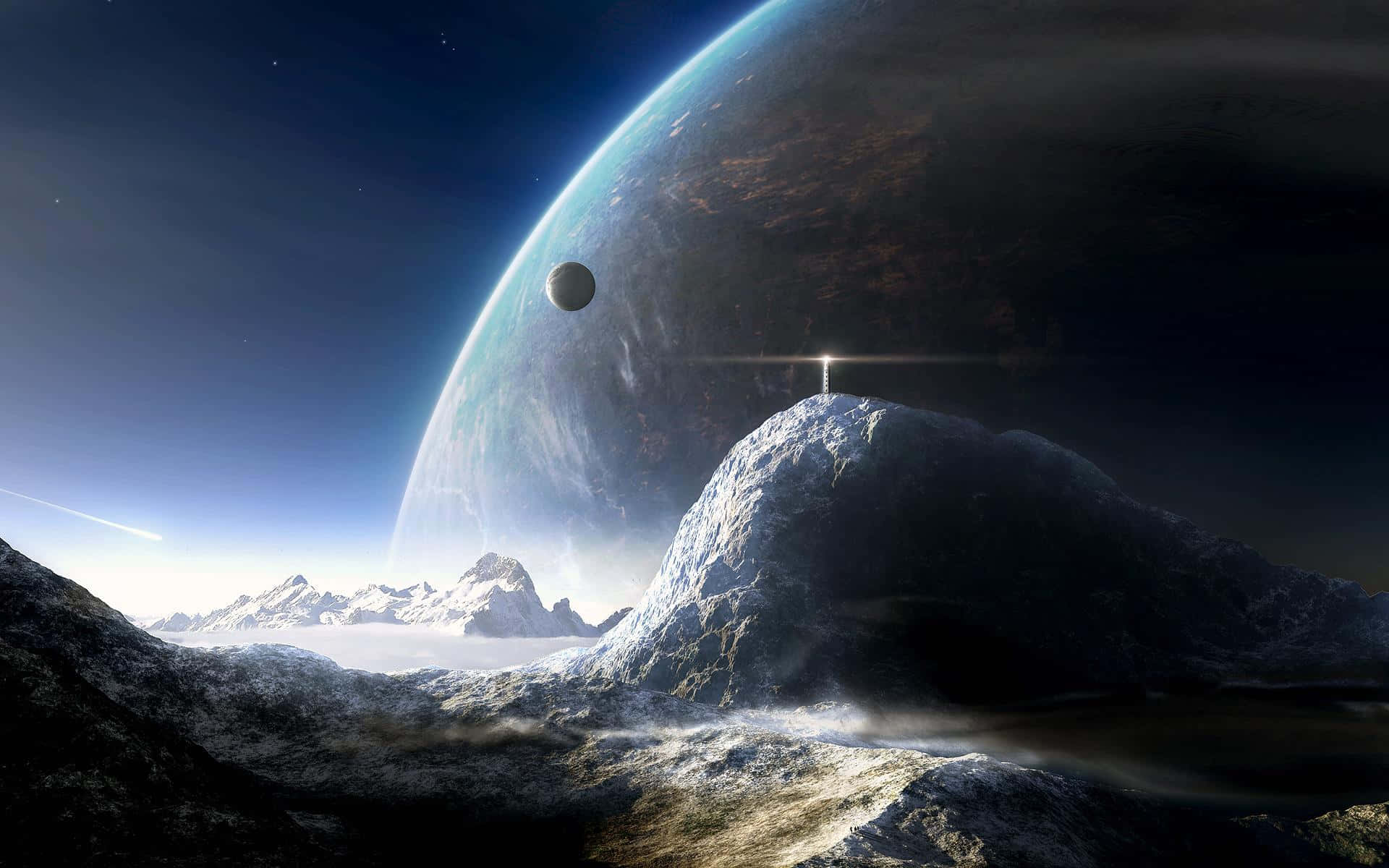 雪覆蓋的外星山脈，天空中有一個巨大的行星和月亮。