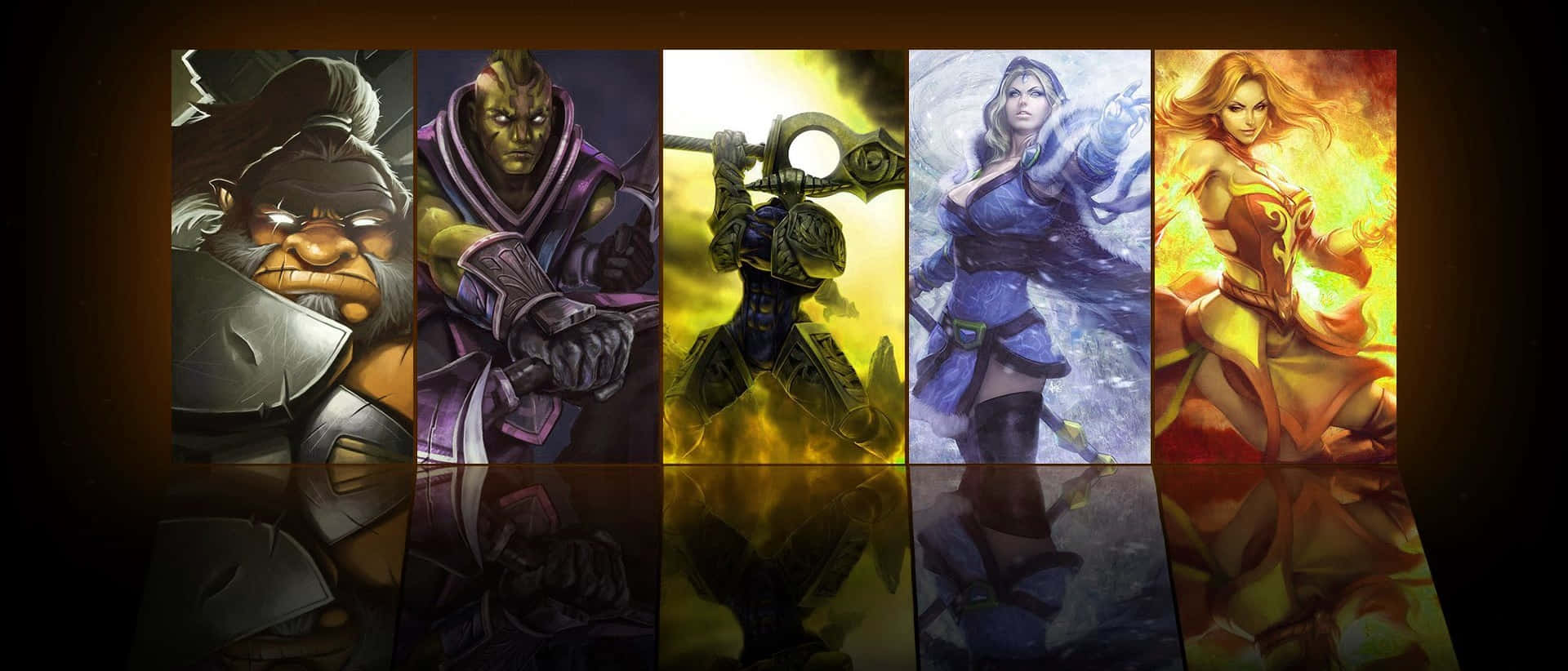 五個奇幻遊戲角色，帶有發光效果和黑暗反射。