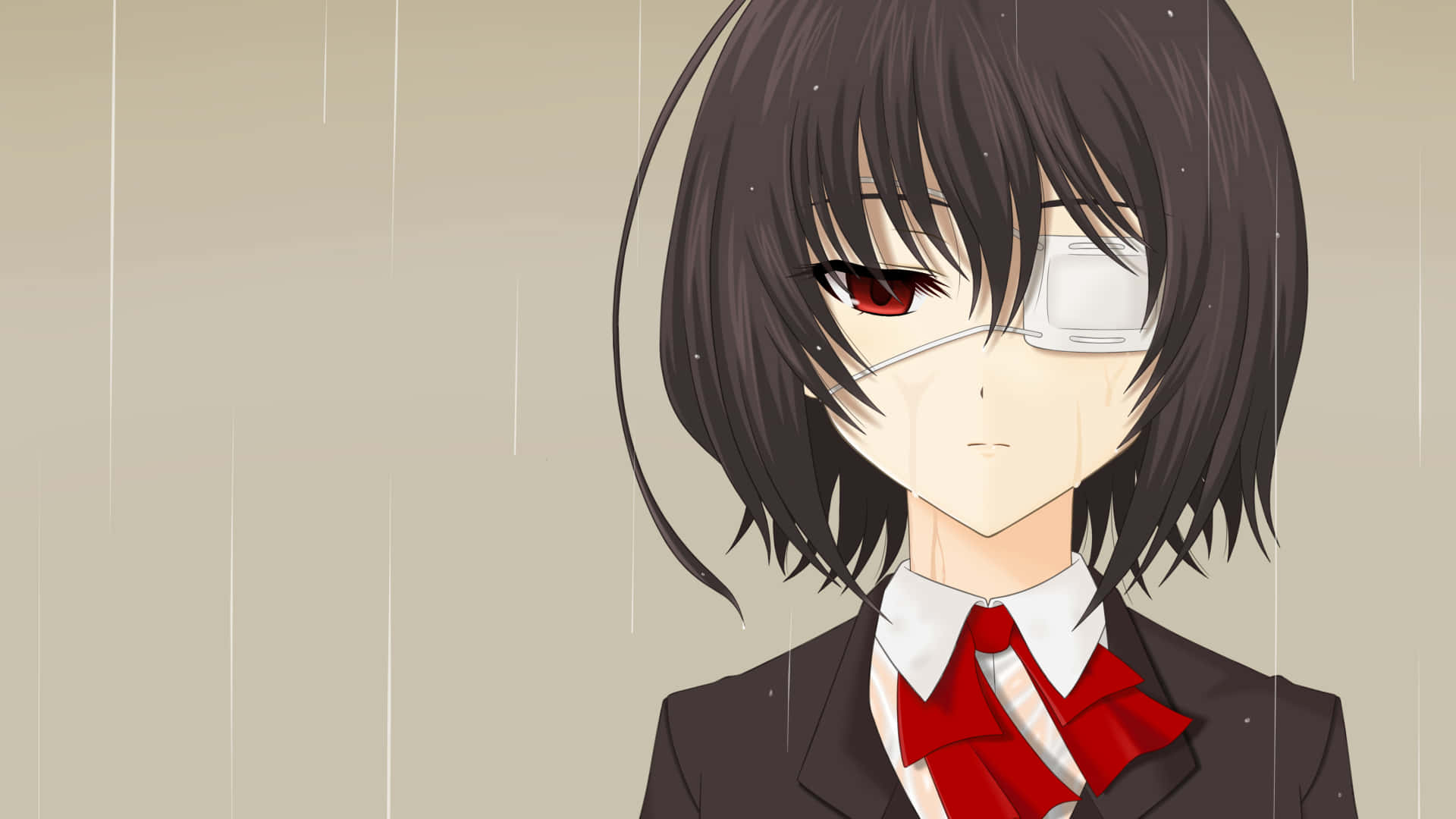 雨中戴眼罩的動漫女孩，穿著紅色領帶的校服