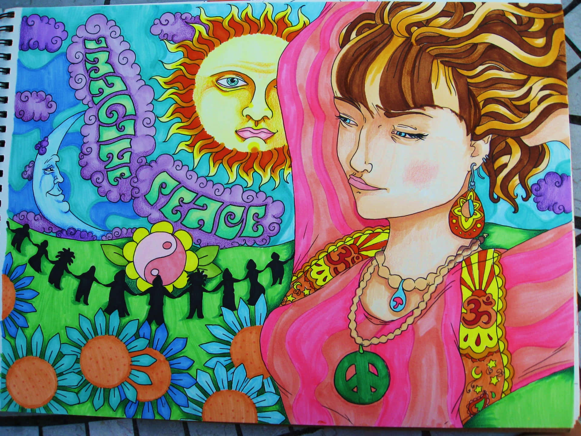 一幅色彩繽紛的插圖，描繪一位女性，帶有和平符號、微笑的太陽月亮和跳舞的剪影。