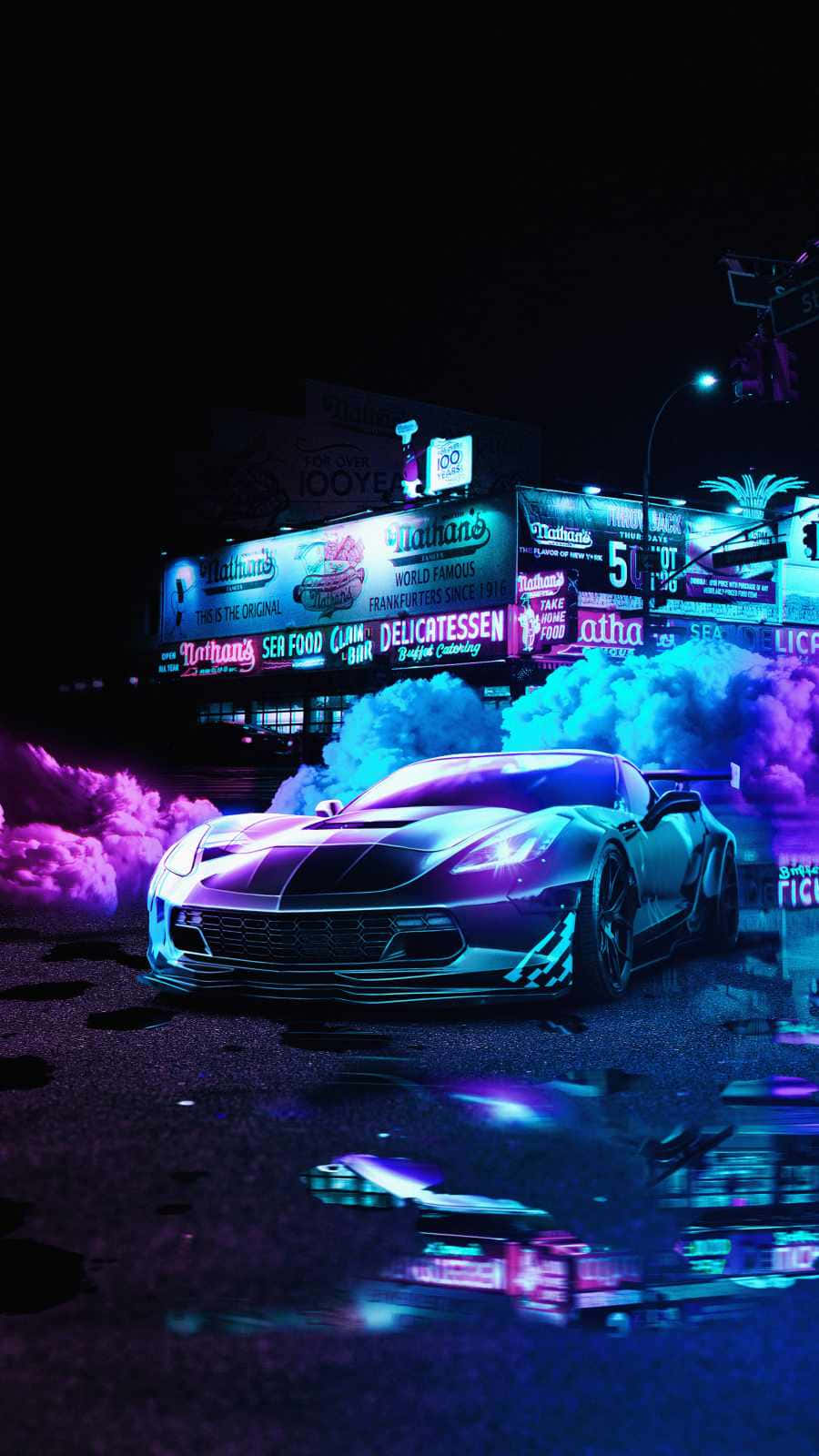 一輛發光的跑車在夜晚的霓虹城市中飄移，伴隨著彩色煙霧。