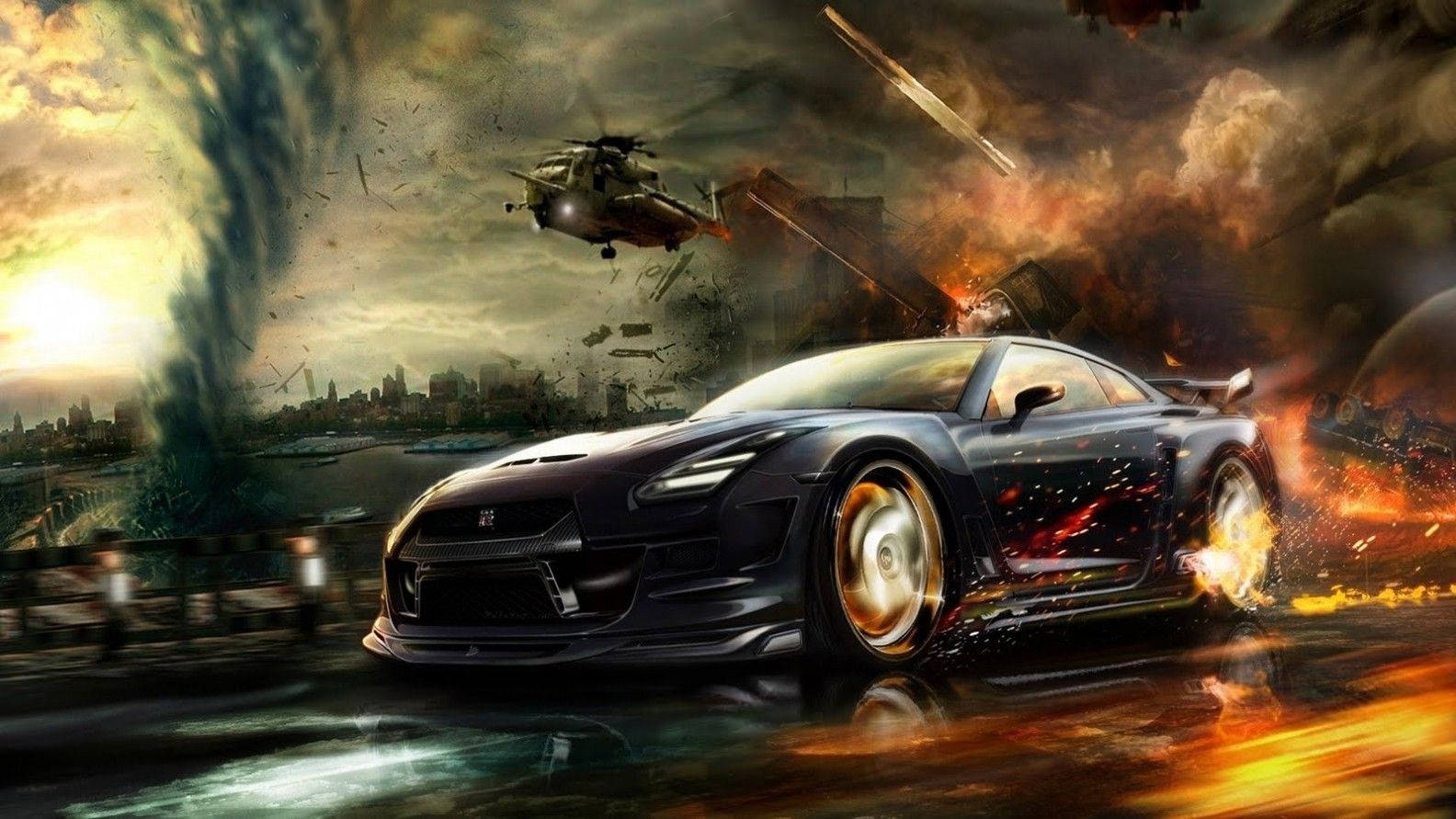 超酷 Nissan GT-R 車款 壁紙 — 一輛黑色跑車在火熱的城市混亂中疾馳，背景有直升機和龍捲風。