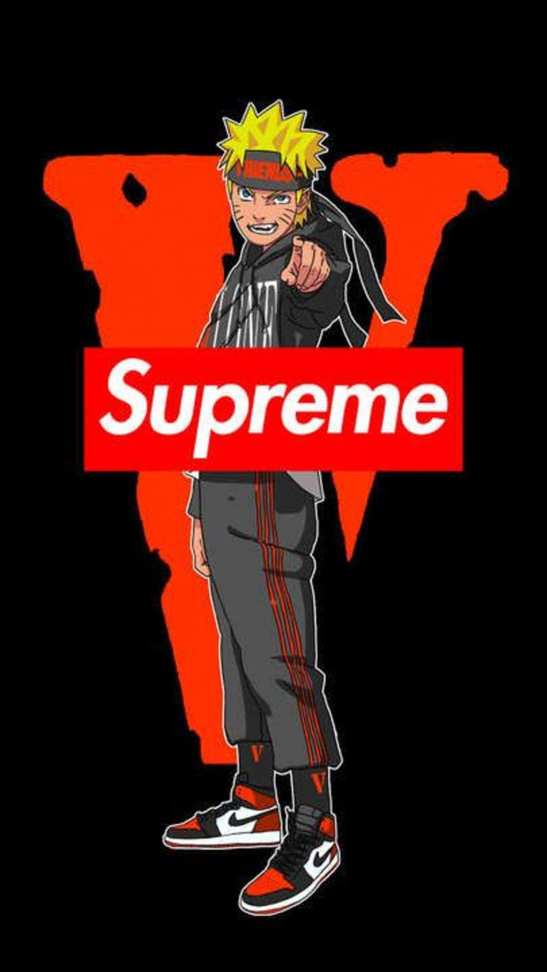 穿著 Supreme 連帽衫和 Nike 運動鞋的鳴人動漫角色向前指。