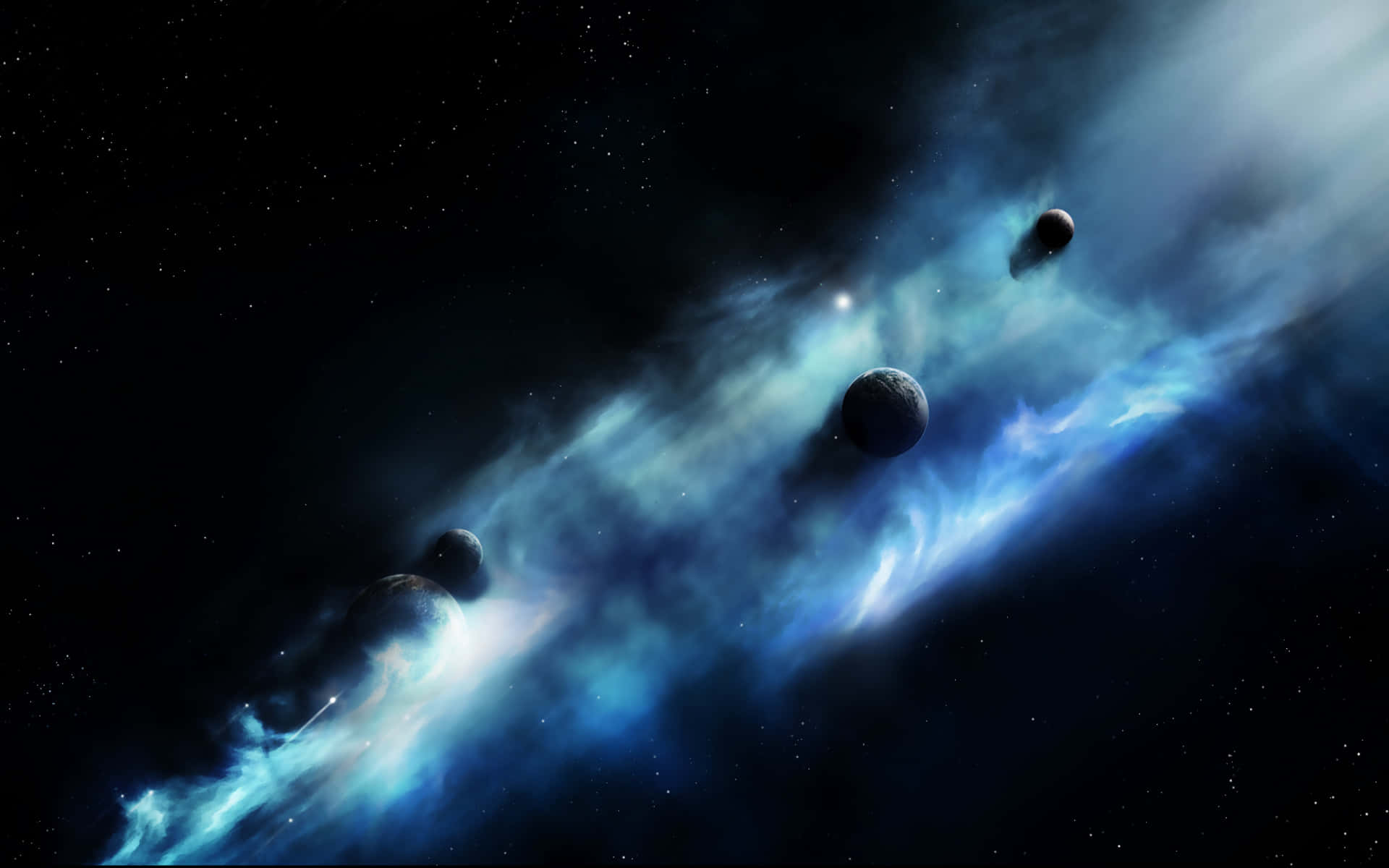 藍色宇宙星雲，行星在佈滿星辰的太空中飄移。
