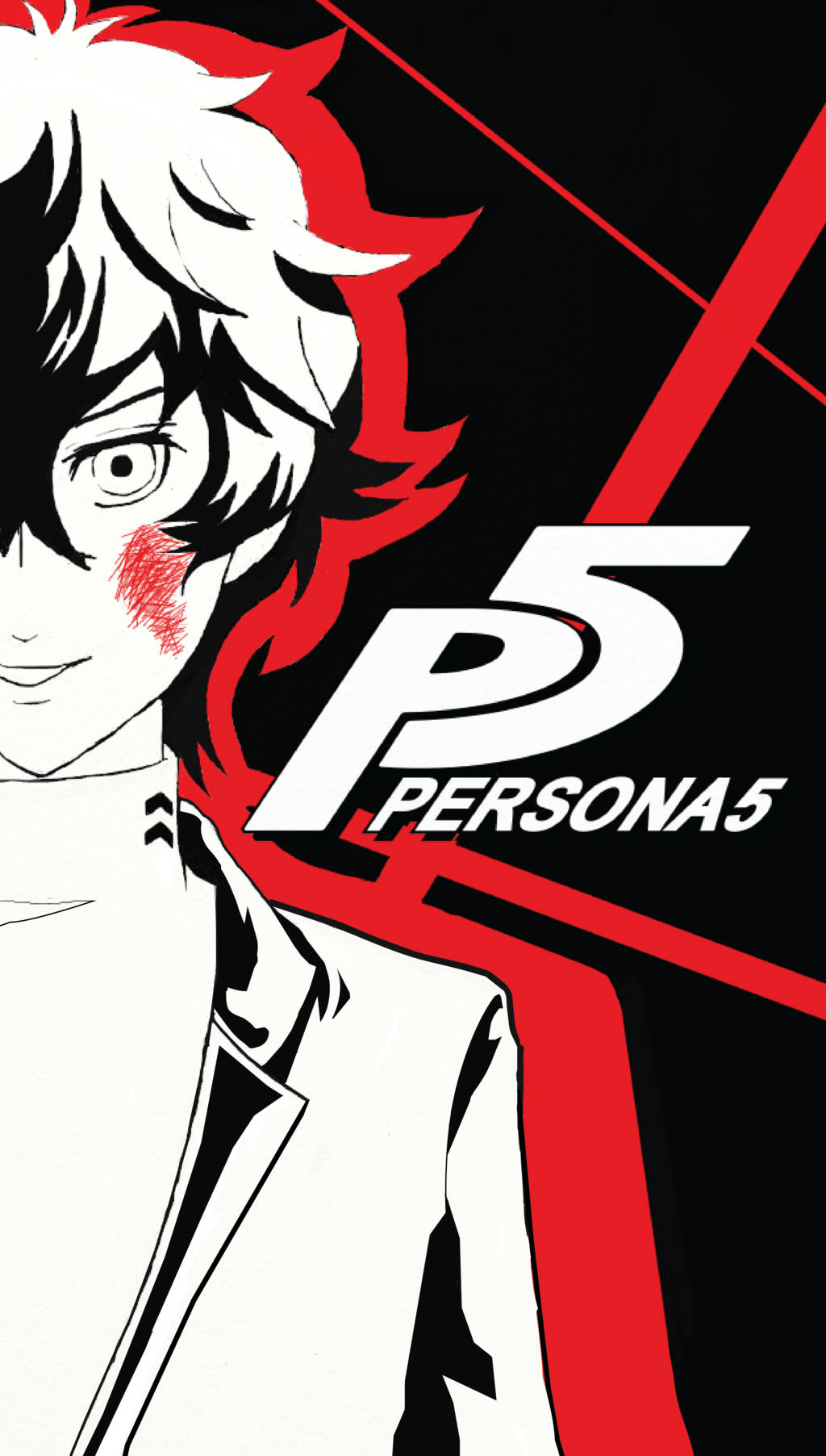 來自Persona 5的動漫角色，帶有紅色條紋和粗紅色的圖形元素。