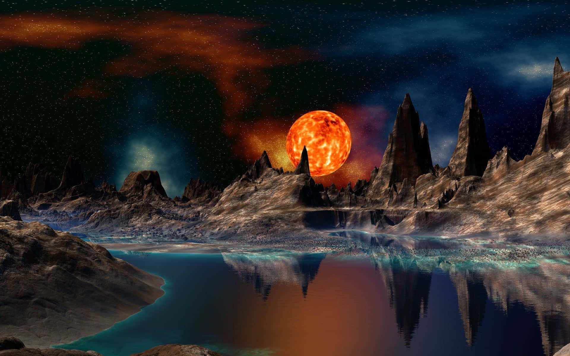 外星山脈在繁星點點的夜空下，在火橙色太陽下的湖中倒映。