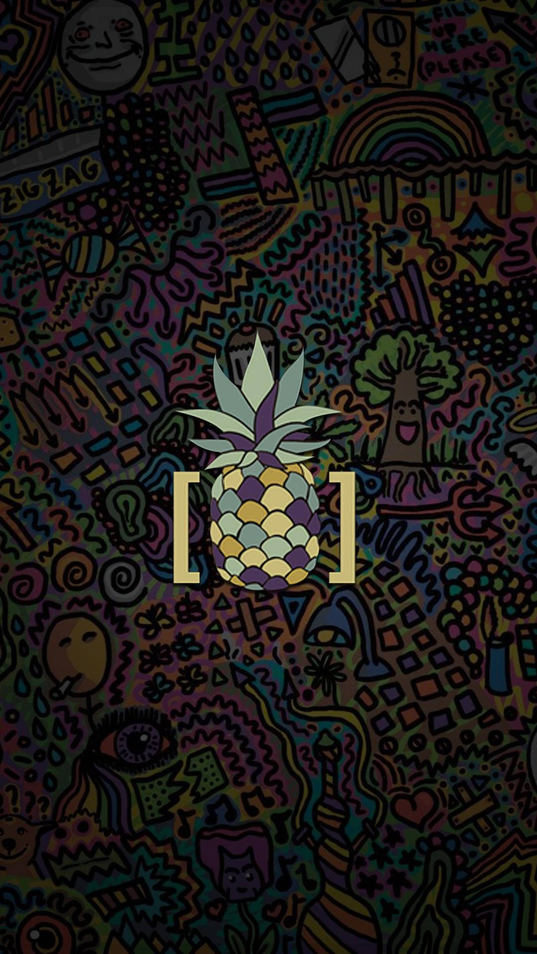 一個被俏皮塗鴉和明亮色彩包圍的菠蘿。