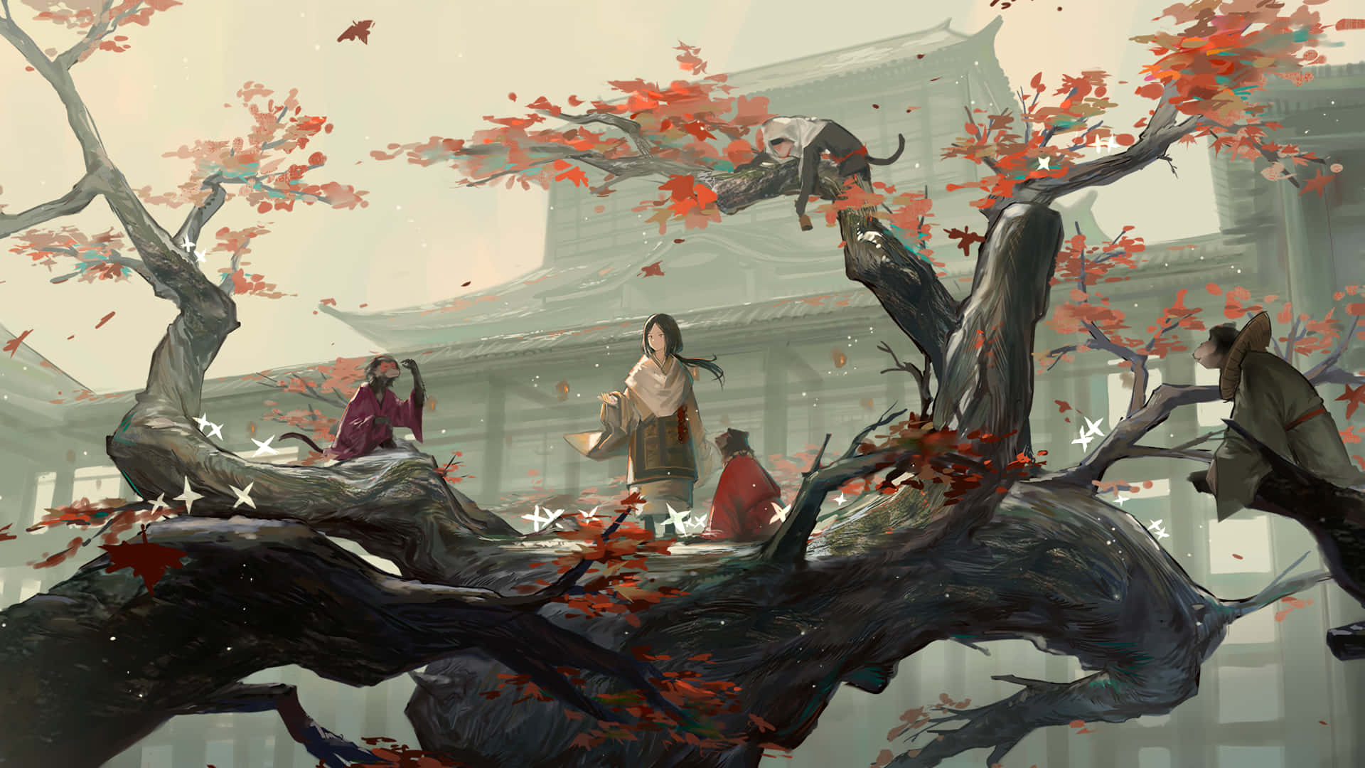 穿著傳統長袍的人物聚集在寺廟附近一棵紅葉樹下，秋霧瀰漫。