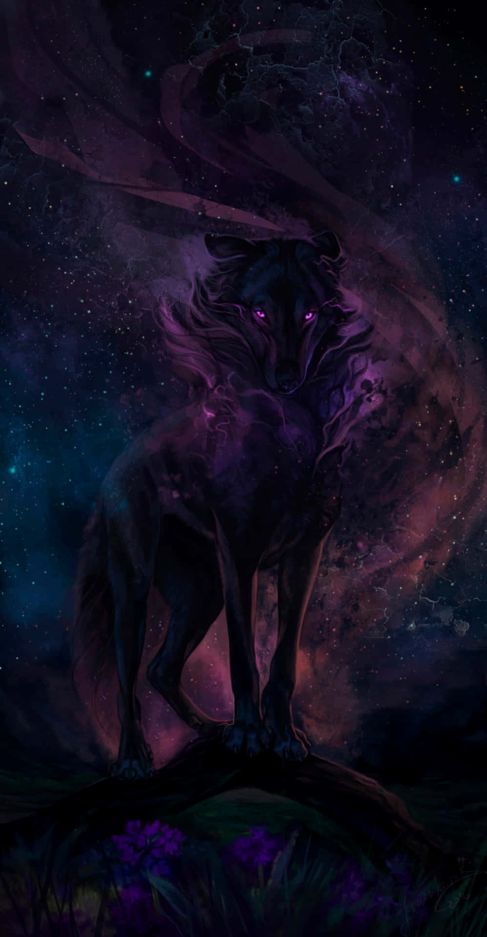 一隻發光眼睛的狼站在岩石上，在宇宙星雲的天空下。