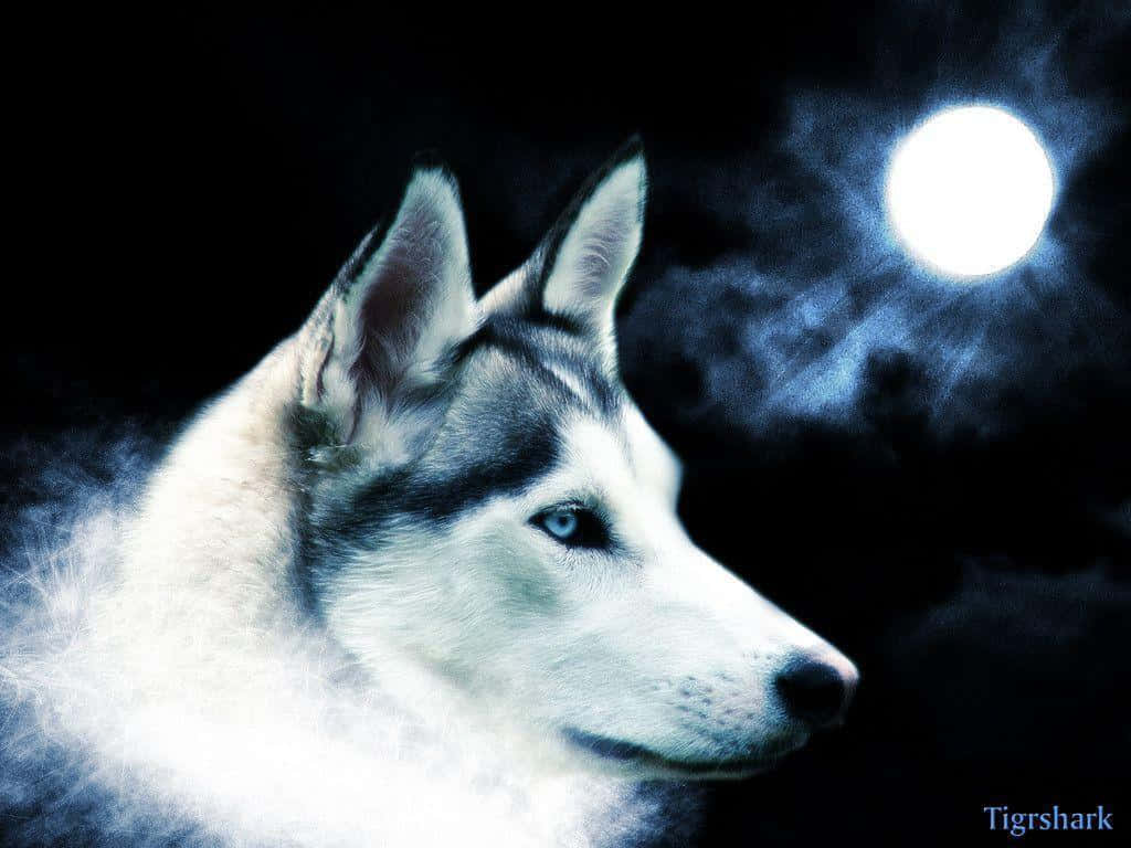 一隻藍眼睛的哈士奇犬，在明亮的月亮下，處於霧氣瀰漫的夜晚場景中。