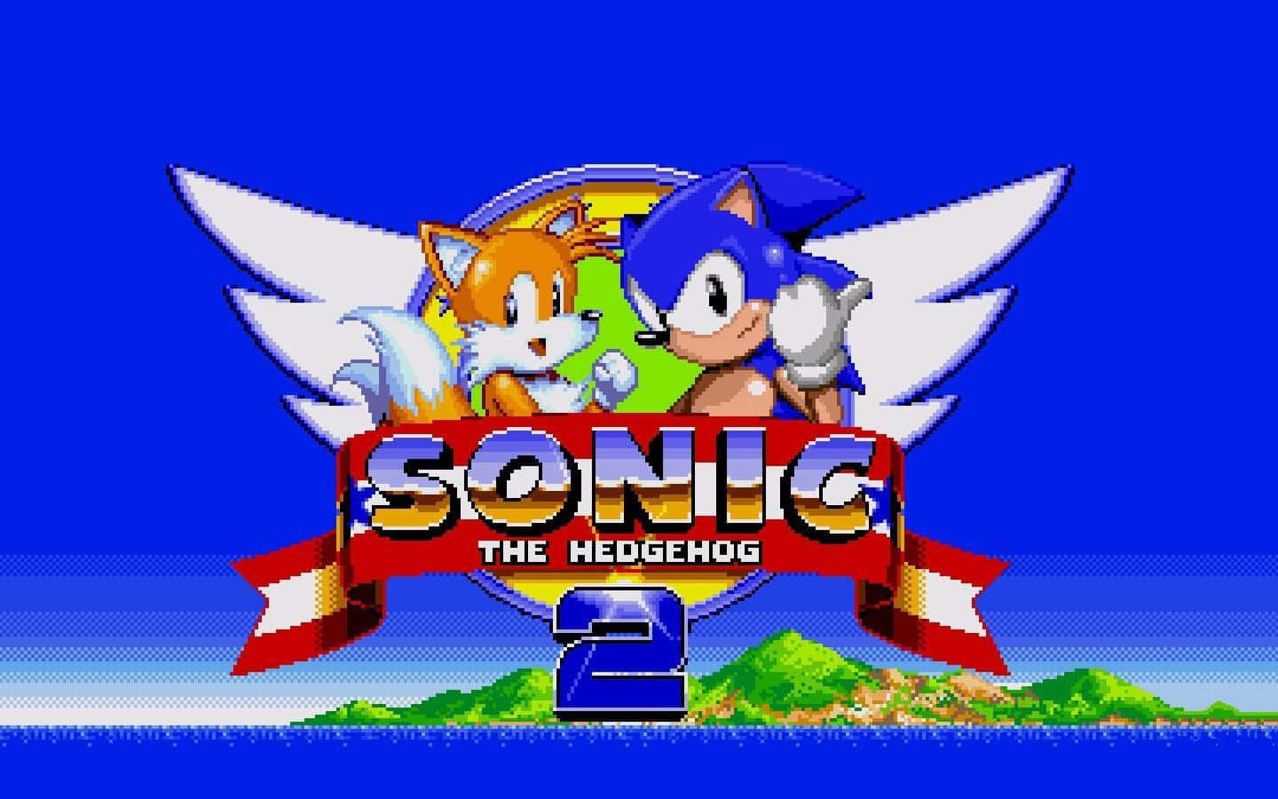 Sonic City Escape 桌布 壁紙 — 《超音鼠2》像素藝術標題畫面，顯示超音鼠和塔爾斯帶翅膀，背景為藍天和綠丘。