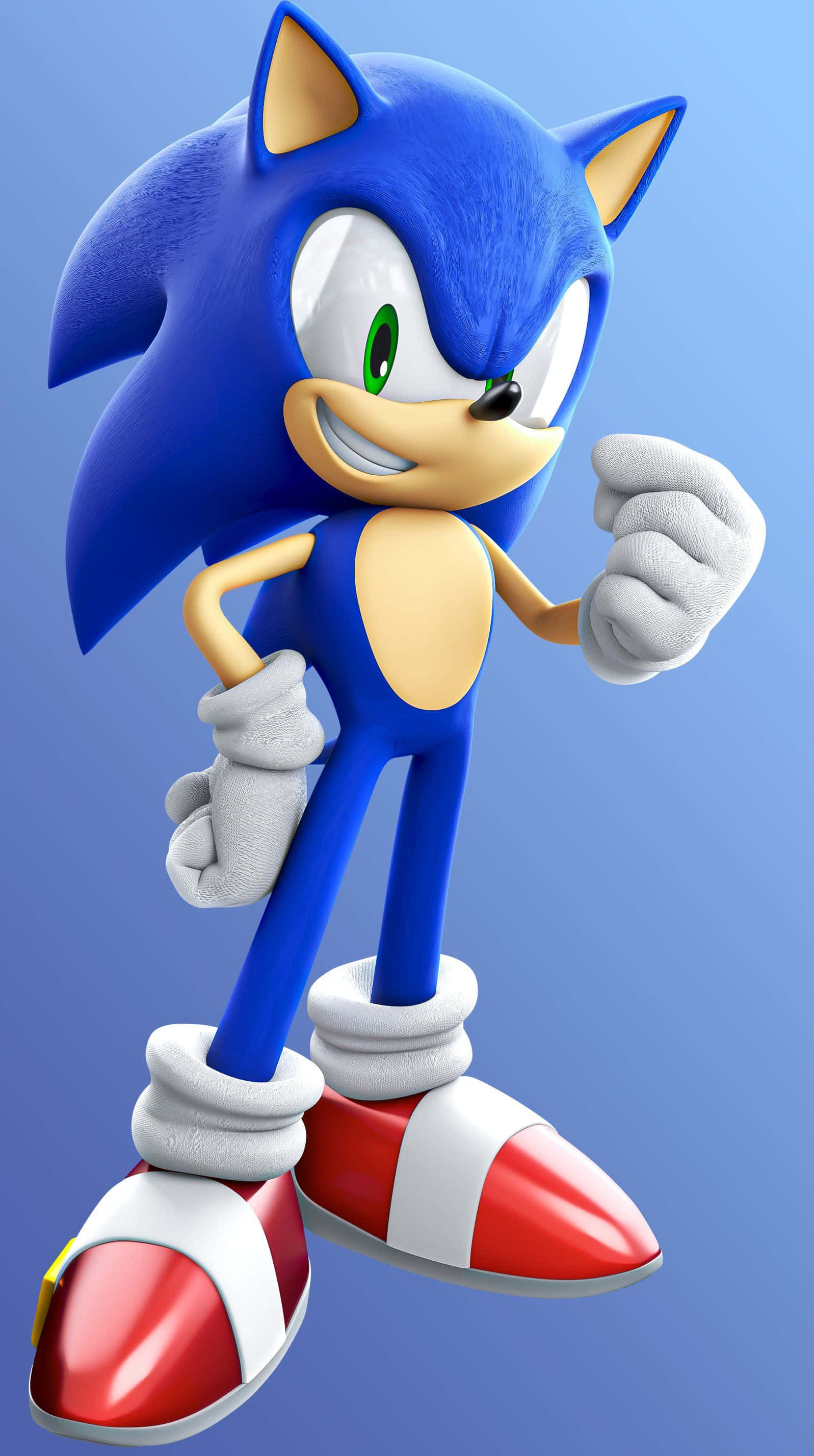 Modern Sonic 桌布 壁紙 — 超音鼠以充滿自信的動感姿態，站在柔和的藍色漸變背景前。