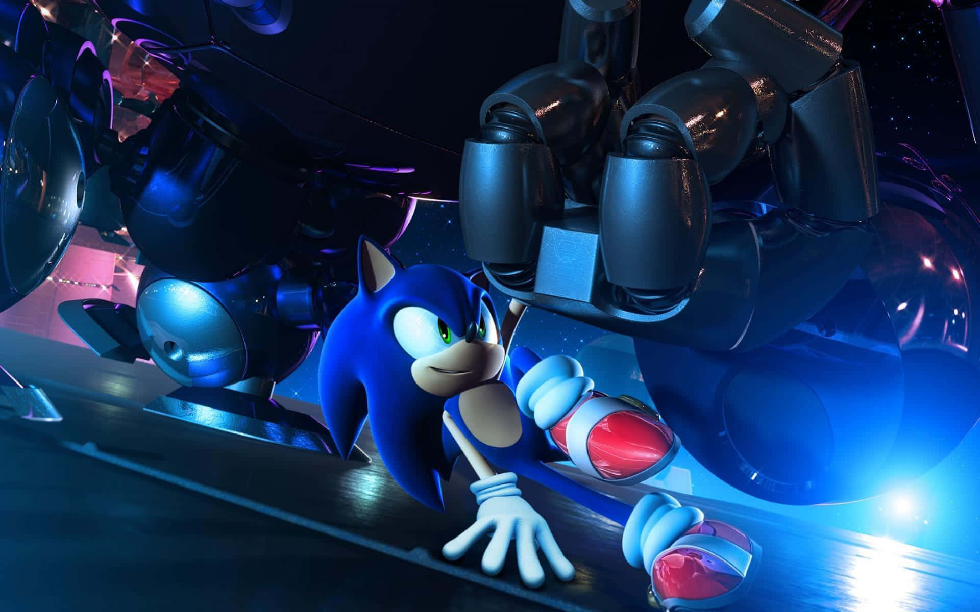 Sonic Cd 桌布 壁紙 — 超音鼠以動感姿態在霓虹燈照亮的未來競技場中躲避巨型機械拳頭。
