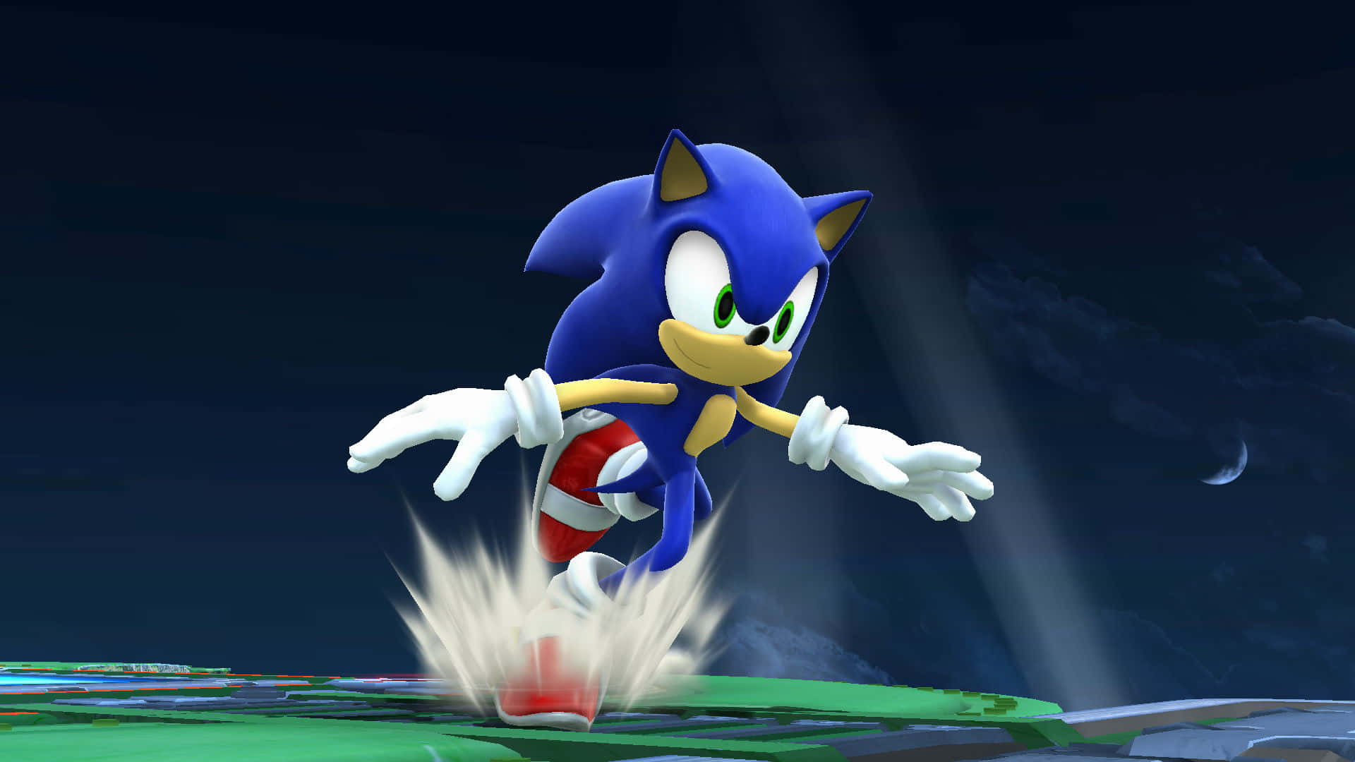 Modern Sonic 桌布 壁紙 — 超音鼠以高速向前衝刺，在漆黑的夜空留下一道白煙痕跡，空中掛著一彎新月。