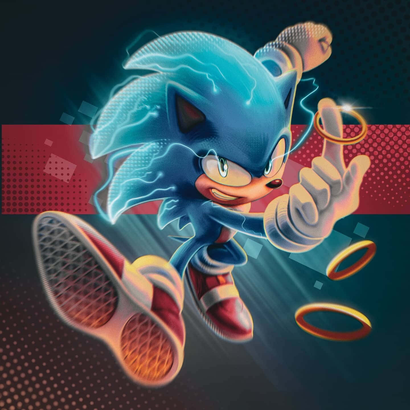 Sonic Fan Art 桌布 壁紙 — 超音鼠向前衝刺，電藍色能量在他周圍劈啪作響，他手持金色指環，背景是動感的紅色和深藍色。