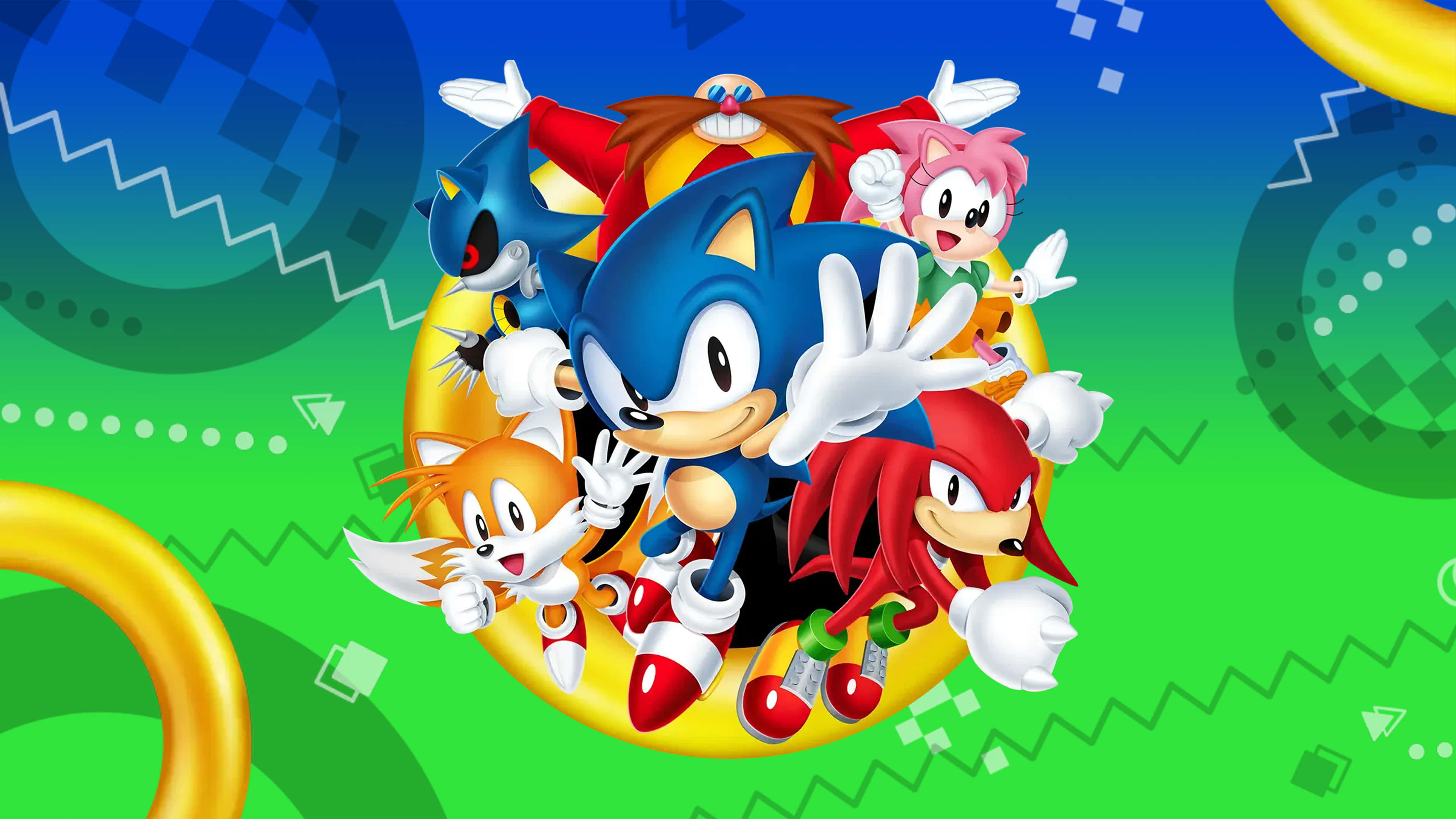 Sonic Art 桌布 壁紙 — 超音鼠和他的朋友們在金色圓環上充滿活力地擺姿勢，背景是帶有幾何圖案的鮮豔綠色和藍色漸變背景。