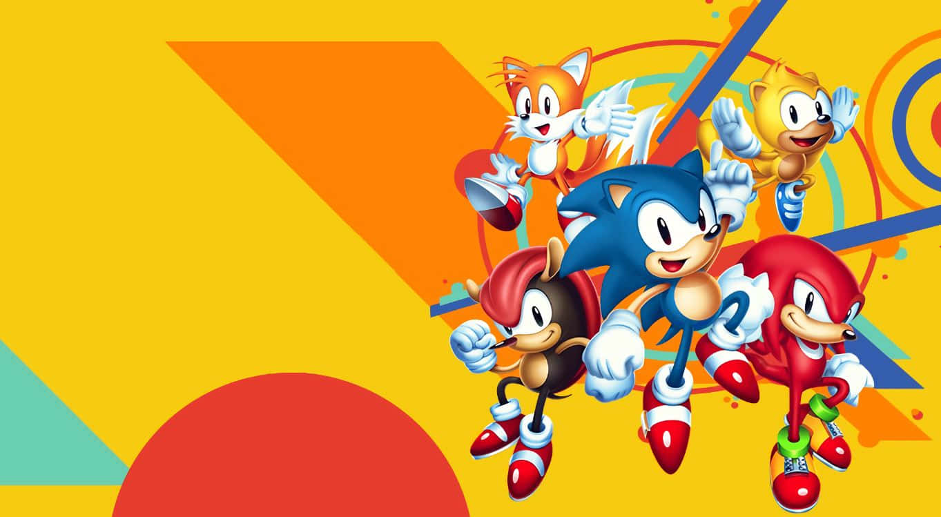 Sonic The Hedgehog Characters 桌布 壁紙 — 超音鼠和他的朋友在充滿活力的黃色、橙色和紅色幾何背景上動態競賽。