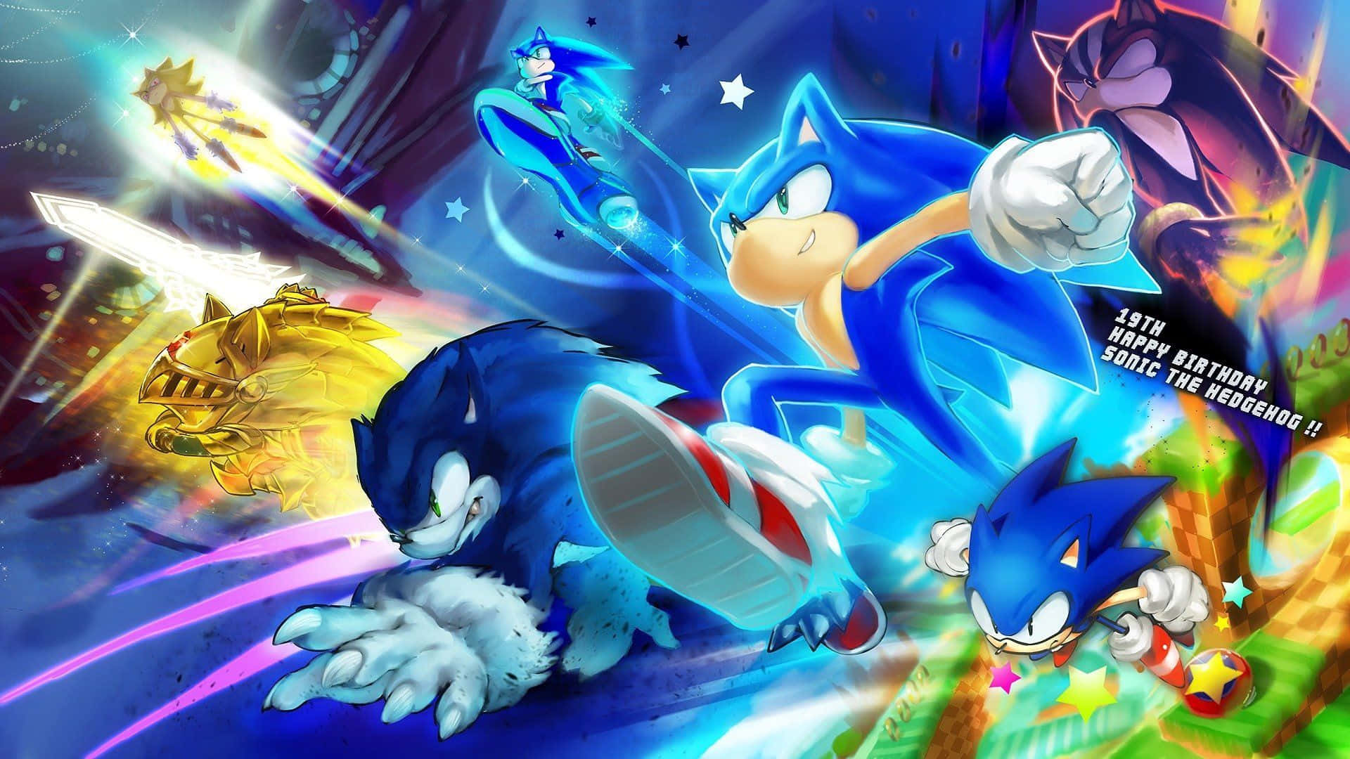 Sonic Dash 桌布 壁紙 — 超音鼠和他的盟友在充滿活力的宇宙場景中疾馳，伴隨著能量軌跡和星爆。