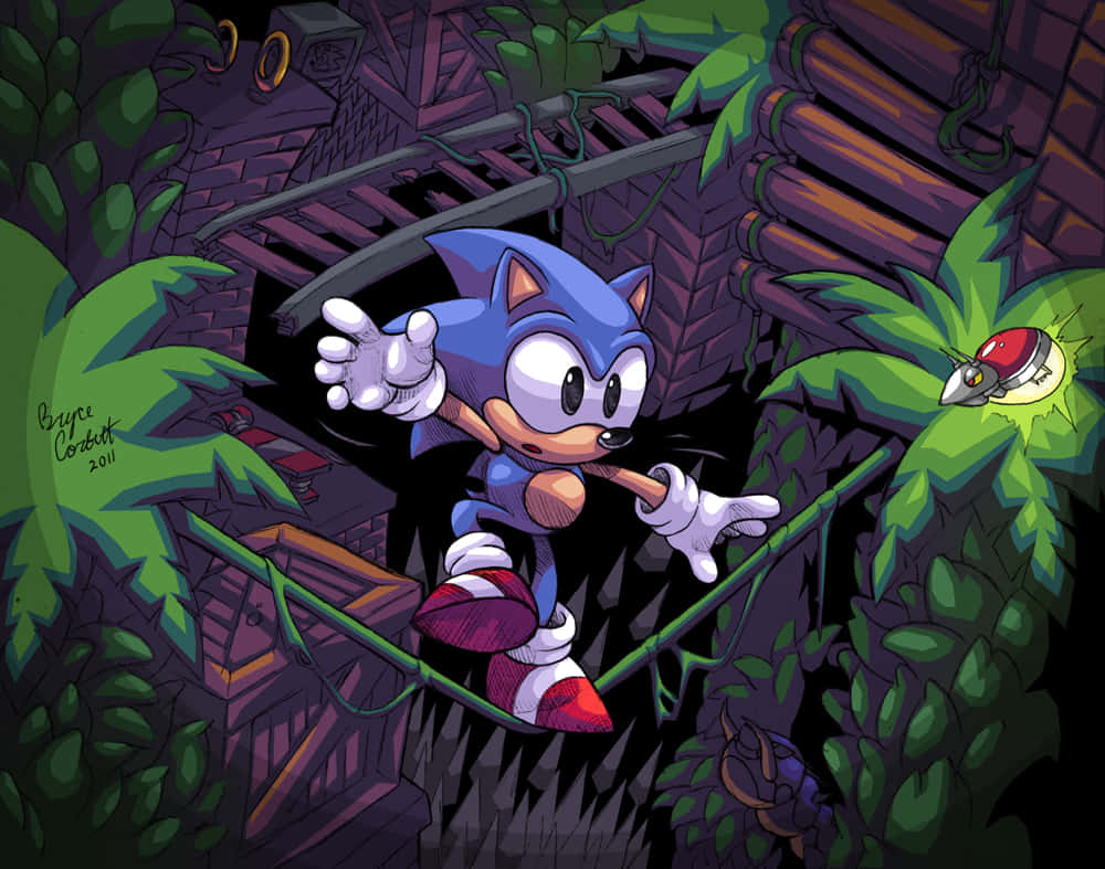 Sonic Mystic Cave Zone 桌布 壁紙 — 超音鼠在一個黑暗的叢林寺廟中疾馳，周圍有發光的綠色樹葉和古老的廢墟。