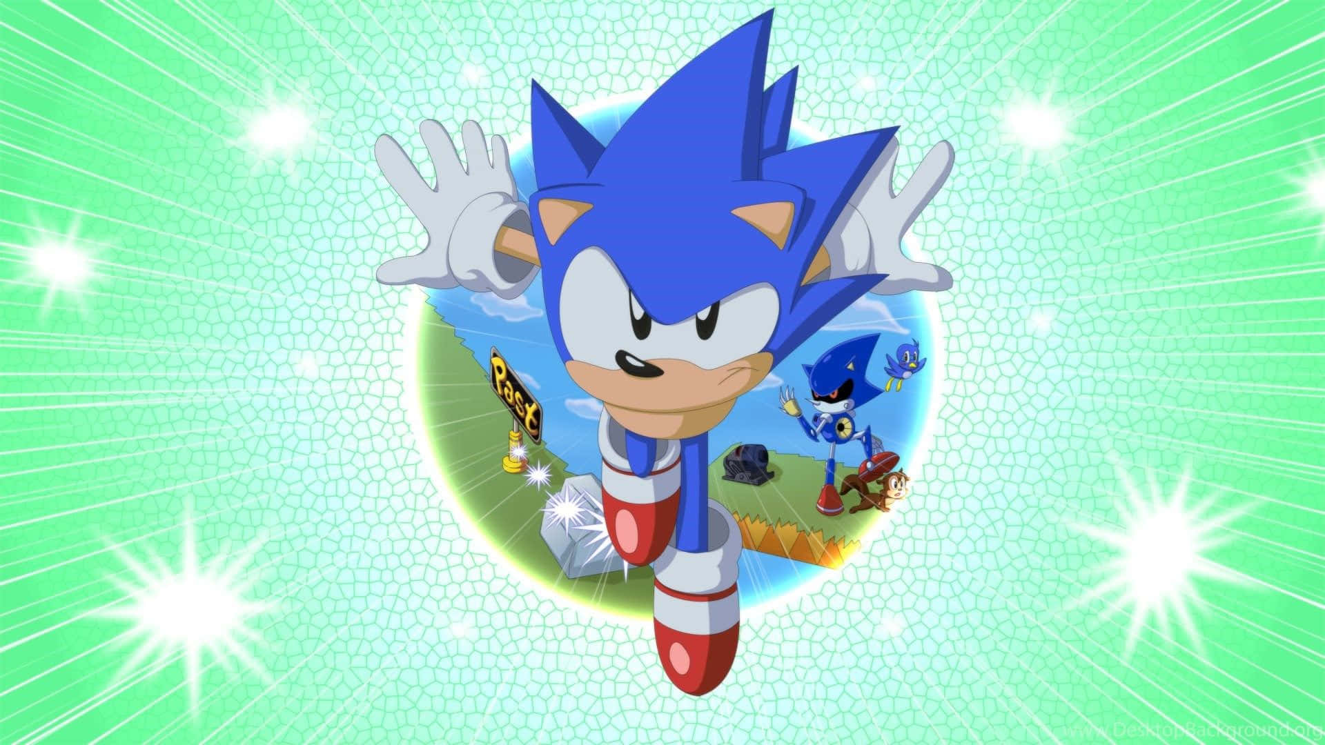 Sonic Cd 桌布 壁紙 — 超音鼠在發光的綠色隧道中疾馳，背景有閃光和一個「Past」標誌。