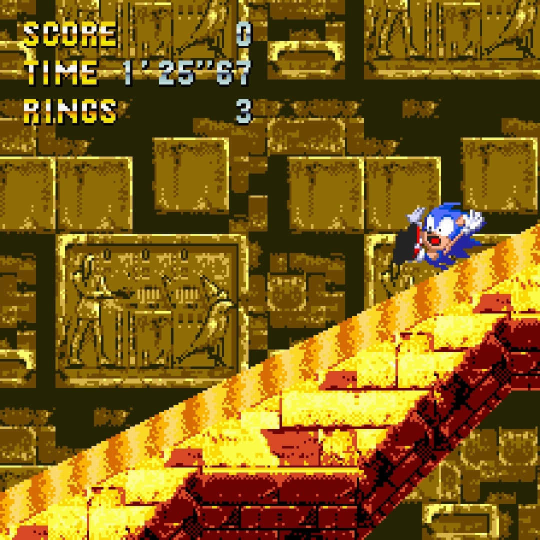 Sonic Sandopolis Zone 桌布 壁紙 — 超音鼠在經典16位元電子遊戲中跑過一個金色金字塔主題關卡。