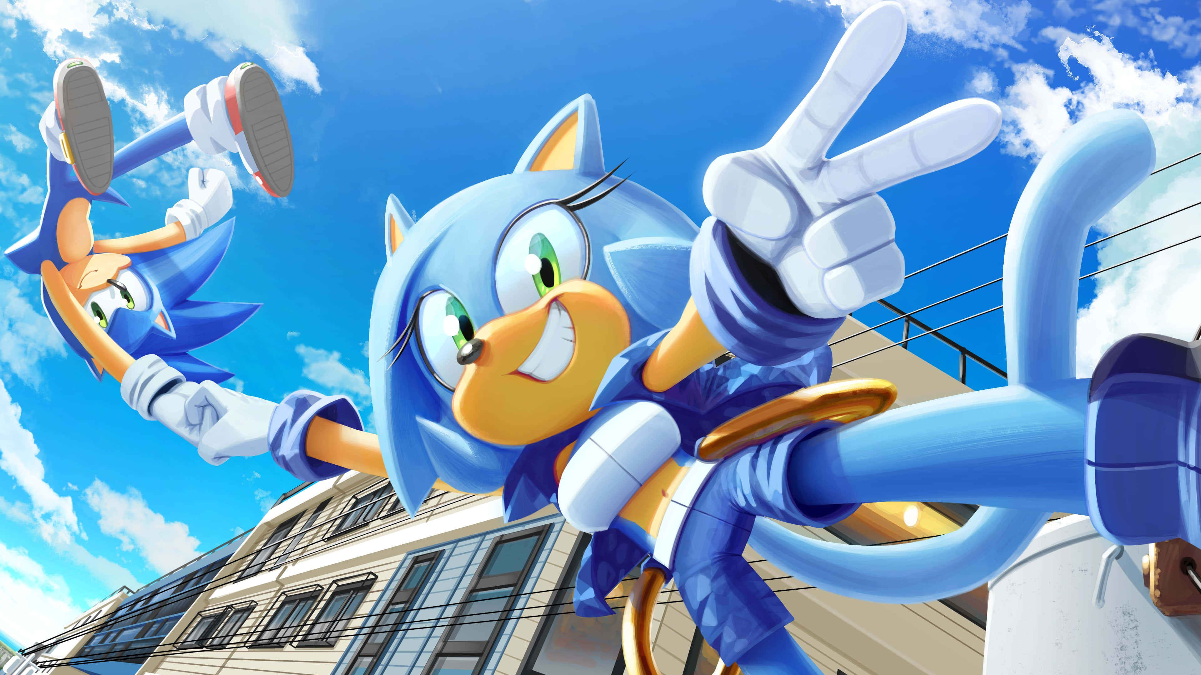 Sonic Characters 桌布 壁紙 — 超音鼠在藍天白雲和城市建築上方動態跳躍。