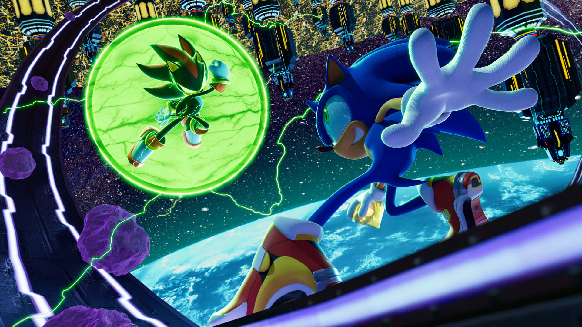 Sonic Adventure HD 桌布 壁紙 — 超音鼠在霓虹燈照亮、帶有發光綠色能量軌跡和漂浮紫色岩石的未來城市景觀中飛馳。
