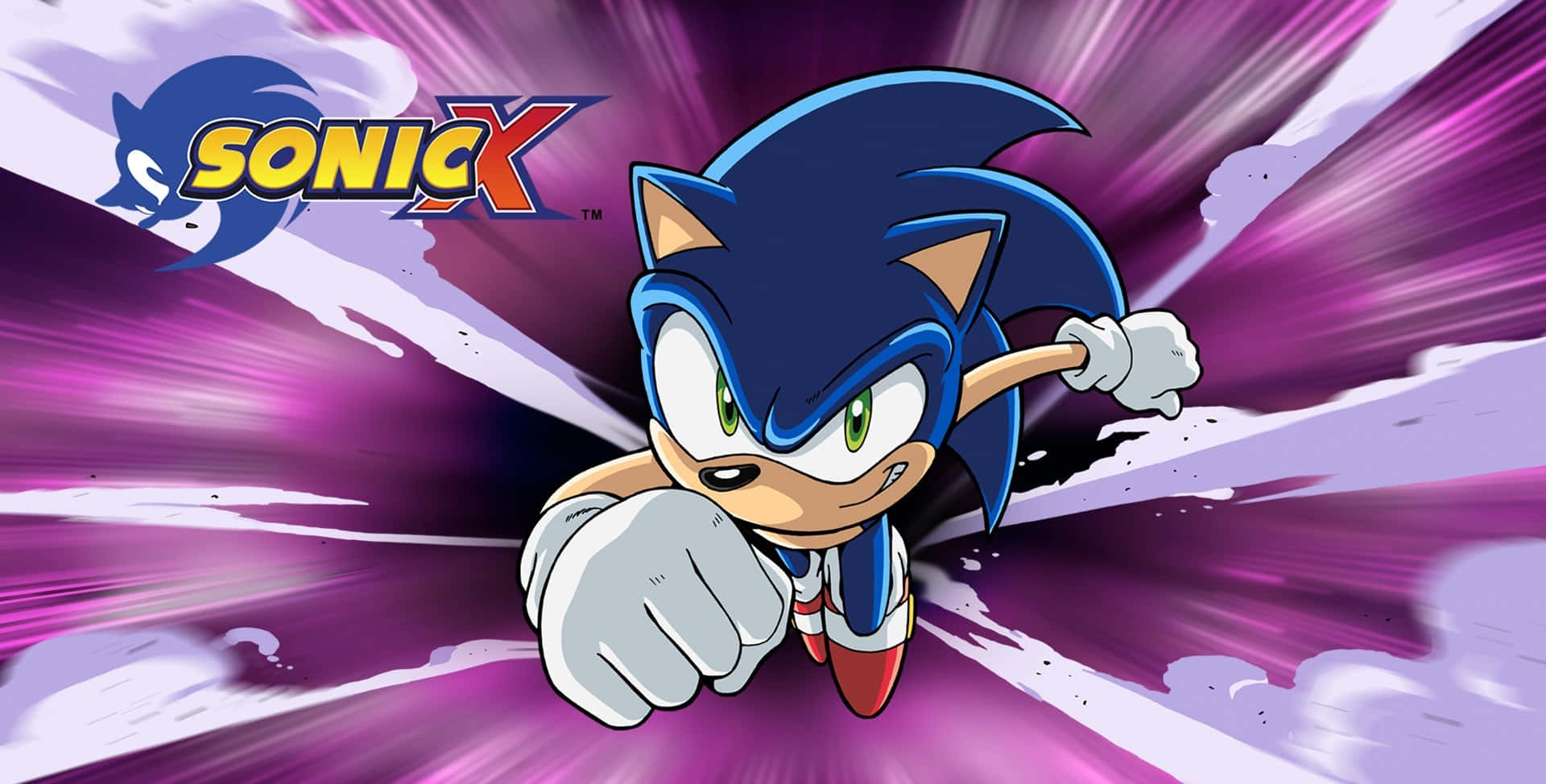 Sonic X 桌布 壁紙 — 超音鼠帶著堅定的笑容，在充滿活力的紫色和白色動態模糊背景上向前衝刺。