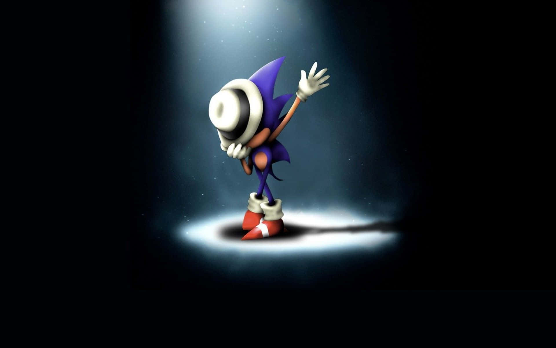 Sonic Cd 桌布 壁紙 — 超音鼠獨自站在聚光燈下，手持高頂帽並揮手，周圍是黑暗和漂浮的粒子。