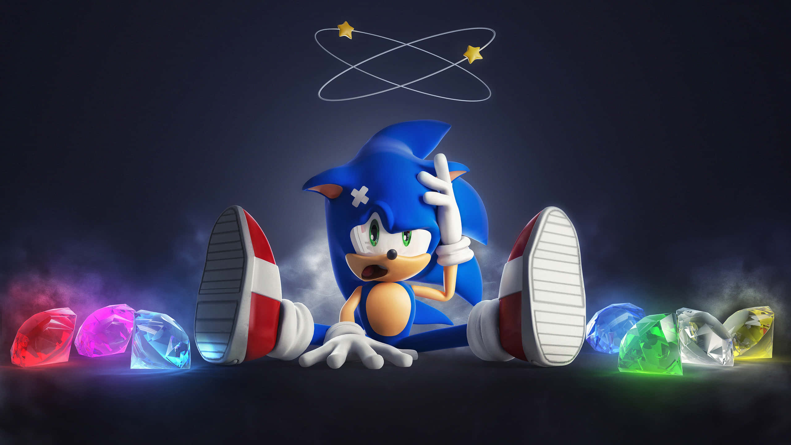 Modern Sonic 桌布 壁紙 — 超音鼠盤腿而坐，周圍環繞著發光的寶石，頭頂有星形光環。