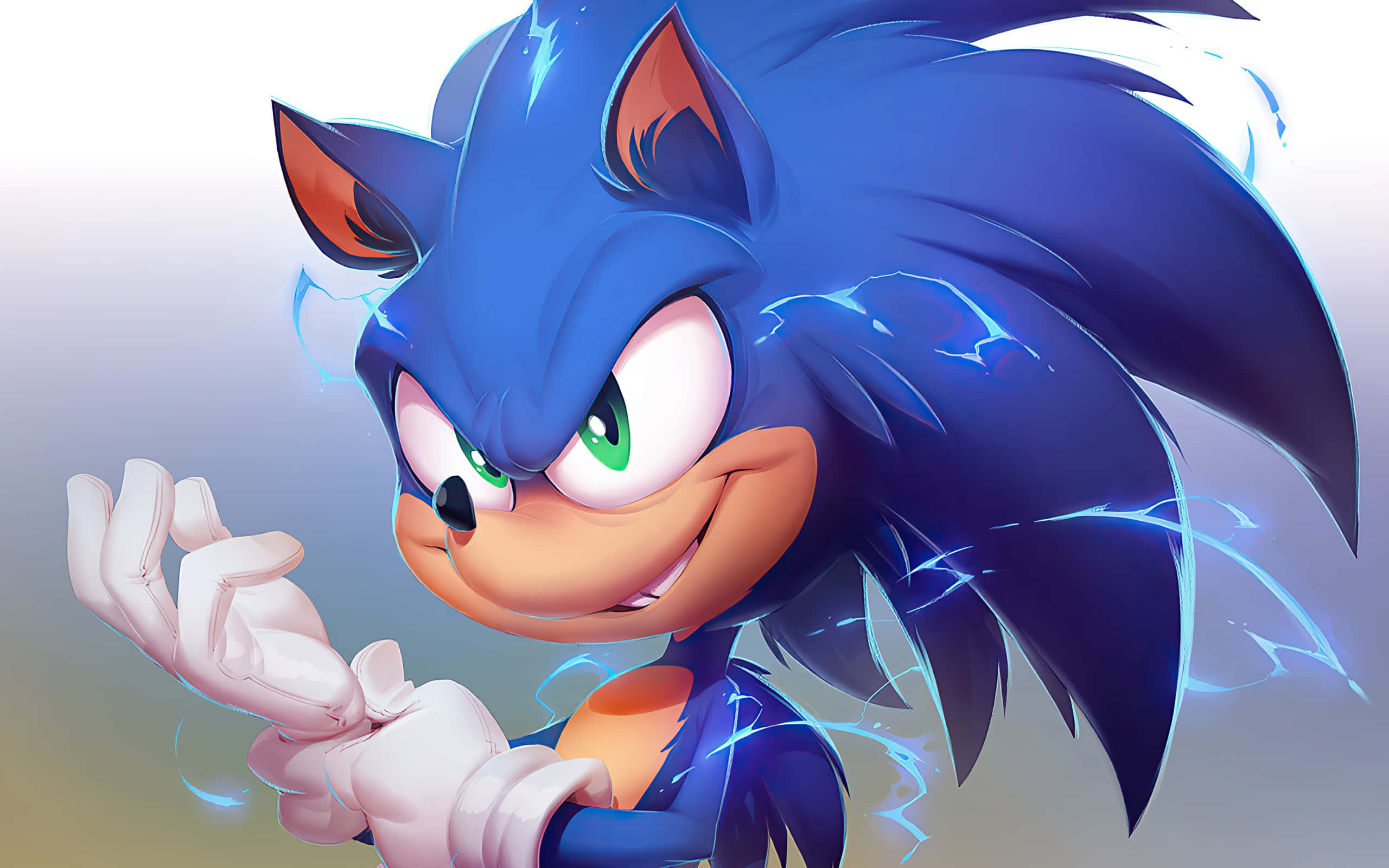 Sonic Fan Art 桌布 壁紙 — 超音鼠自信地微笑，電光藍色的能量在他尖銳的藍色尖刺和白色手套周圍噼啪作響。