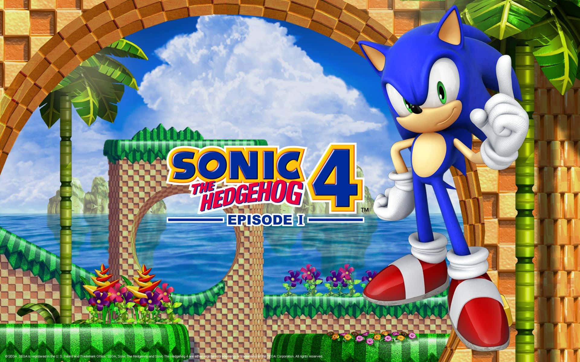 Sonic City Escape 桌布 壁紙 — 超音鼠自信地站在一個充滿活力的熱帶拱門下，俯瞰藍色海洋，周圍有茂密的綠色植物和色彩繽紛的花朵。