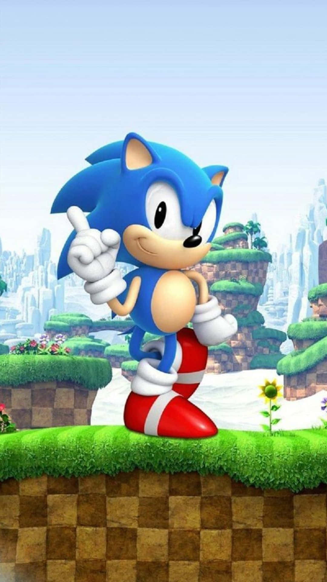 Sonic Cd 桌布 壁紙 — 超音鼠自信地站在草地上，指向一個充滿活力的 3D 渲染遊戲世界。