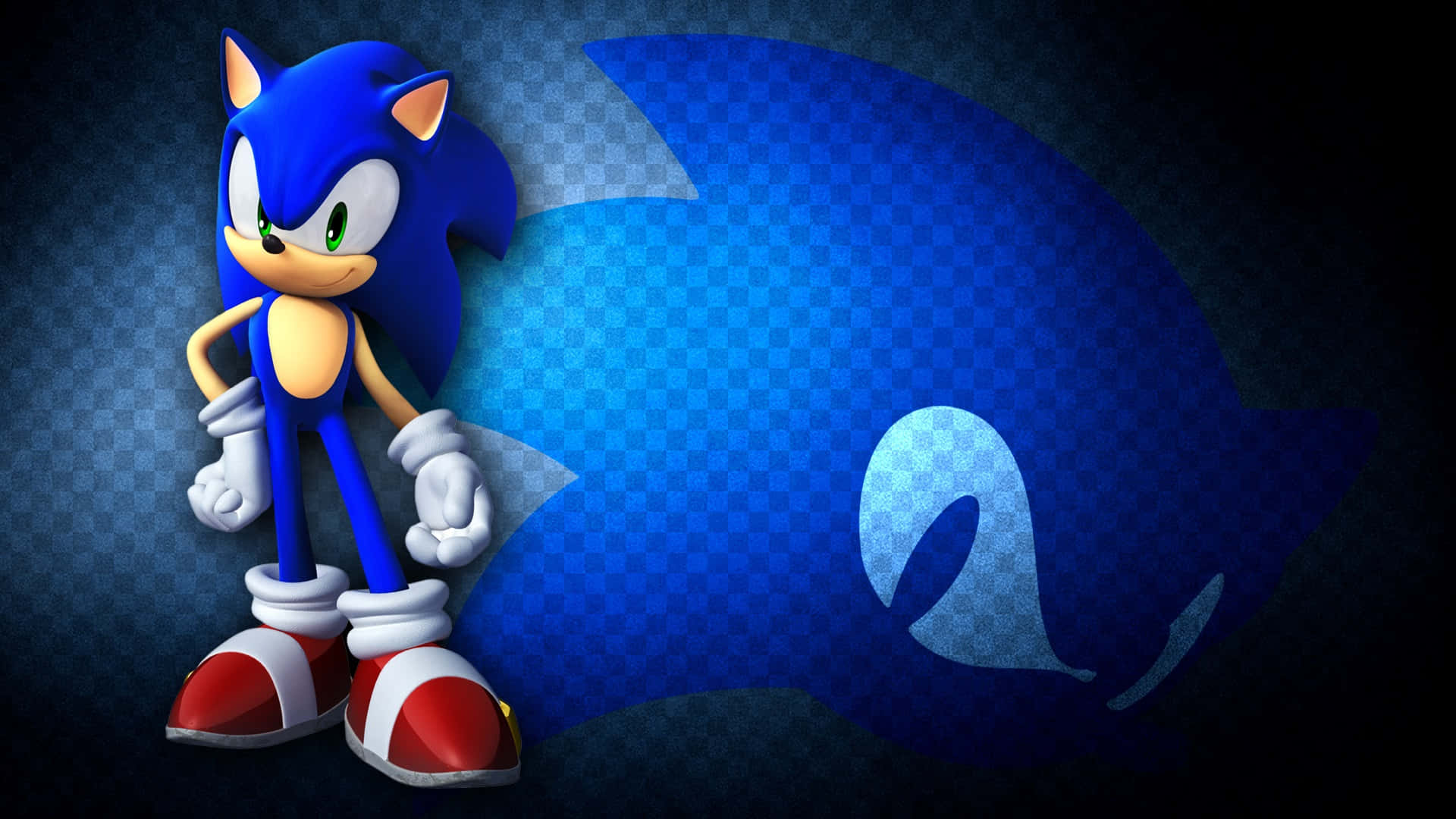Modern Sonic 桌布 壁紙 — 超音鼠自信地站在藍色格仔背景前，背後是他標誌性的剪影。