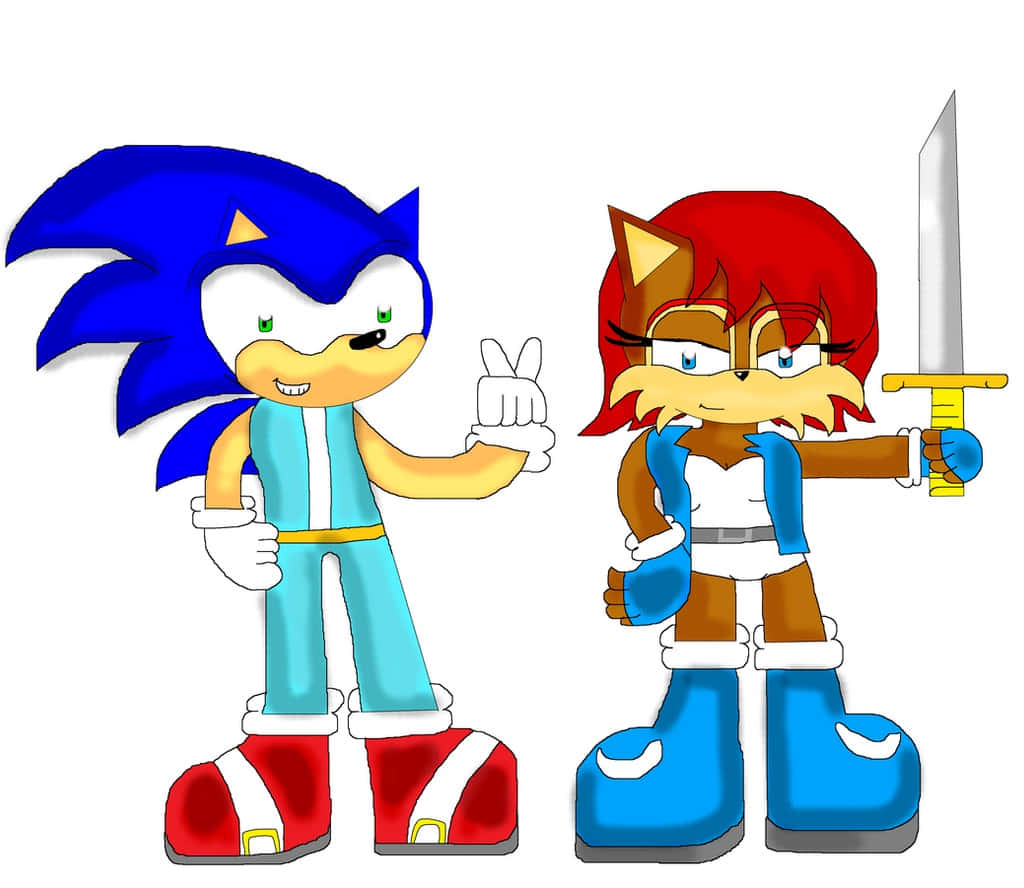 Sonic And Sally 桌布 壁紙 — 超音鼠與一位紅髮狐狸戰士並肩而立，一人比出和平手勢，另一人手持劍。